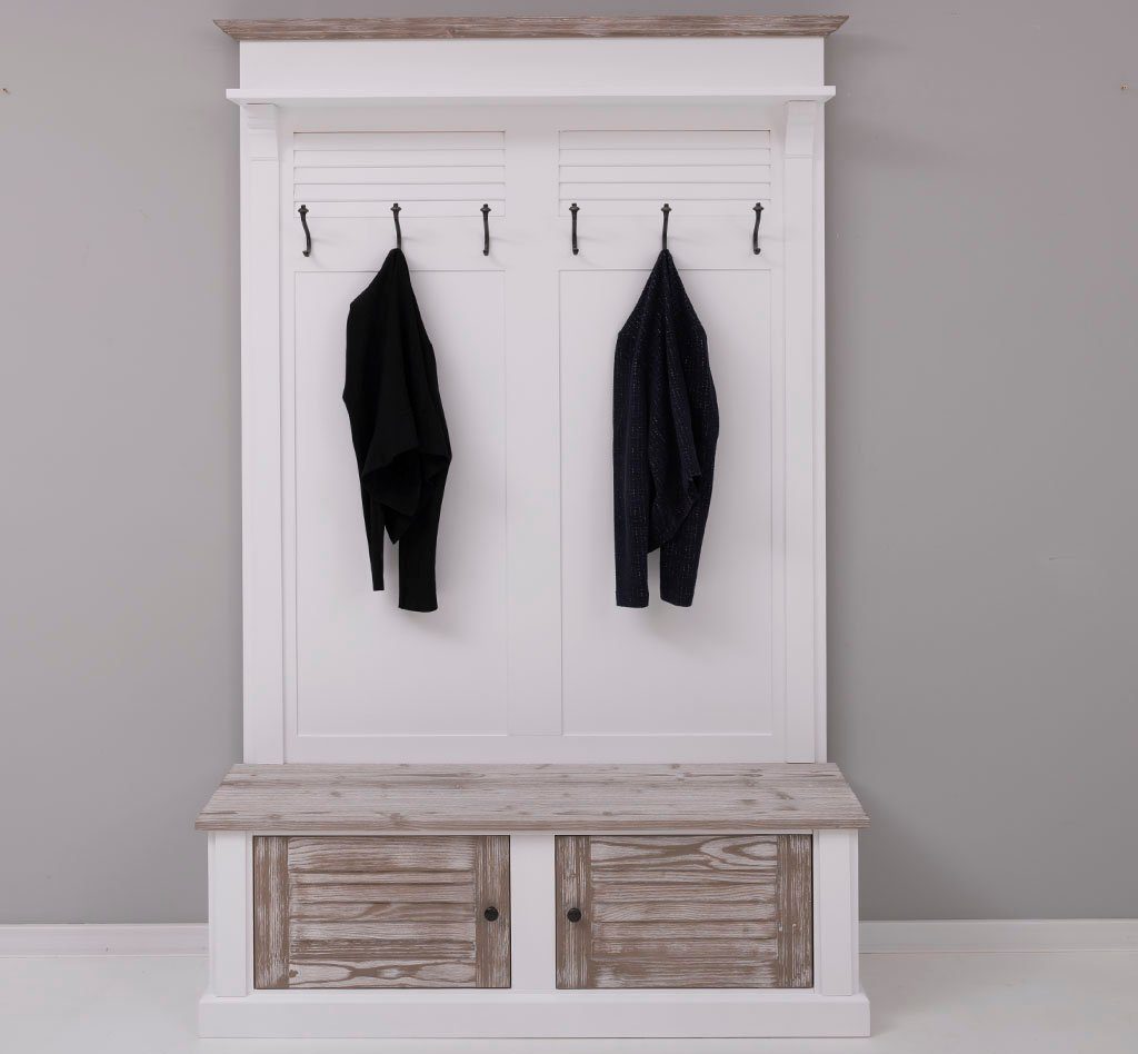 Massivholzmoebel-Becker Garderobe aus Massivholz mit Sitzfläche, 6 Haken und Schuhschrank