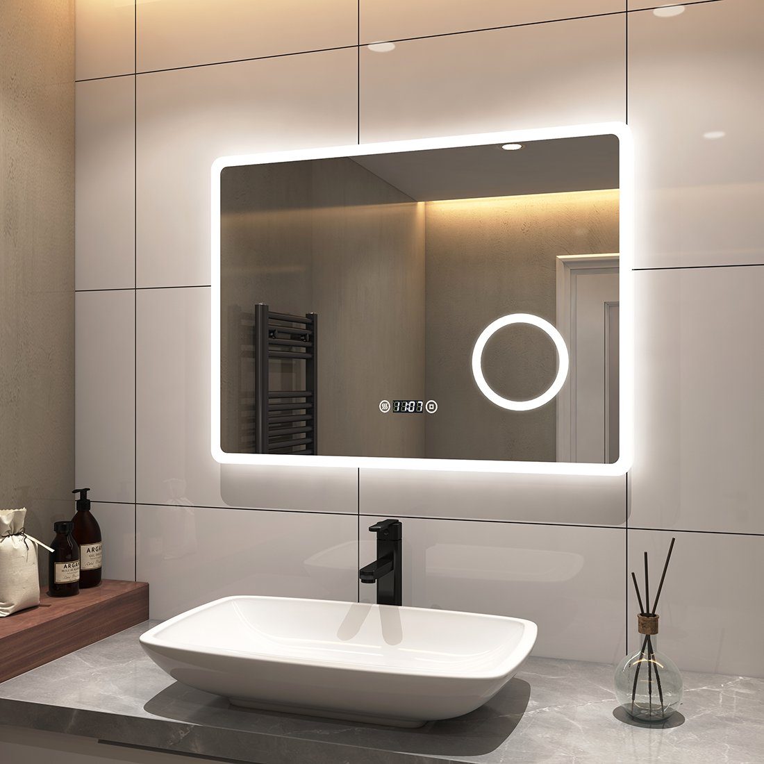 S'AFIELINA Badspiegel Badspiegel mit Beleuchtung Wandspiegel Rasierspiegel Energiesparend, Touchschalter,Uhr,Beschlagfrei,3-fach Vergrößerung,IP 54
