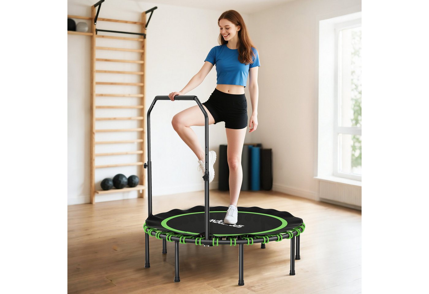 SPORTNOW Fitnesstrampolin Mini Trampoline mit 5 verstellbare Handgriffstufen, leise Gummiseil, Ø 122 cm, (Sport-Trampolin, 1 tlg., Fitness-Trampolin), Stahl, Kunststoff, Grün