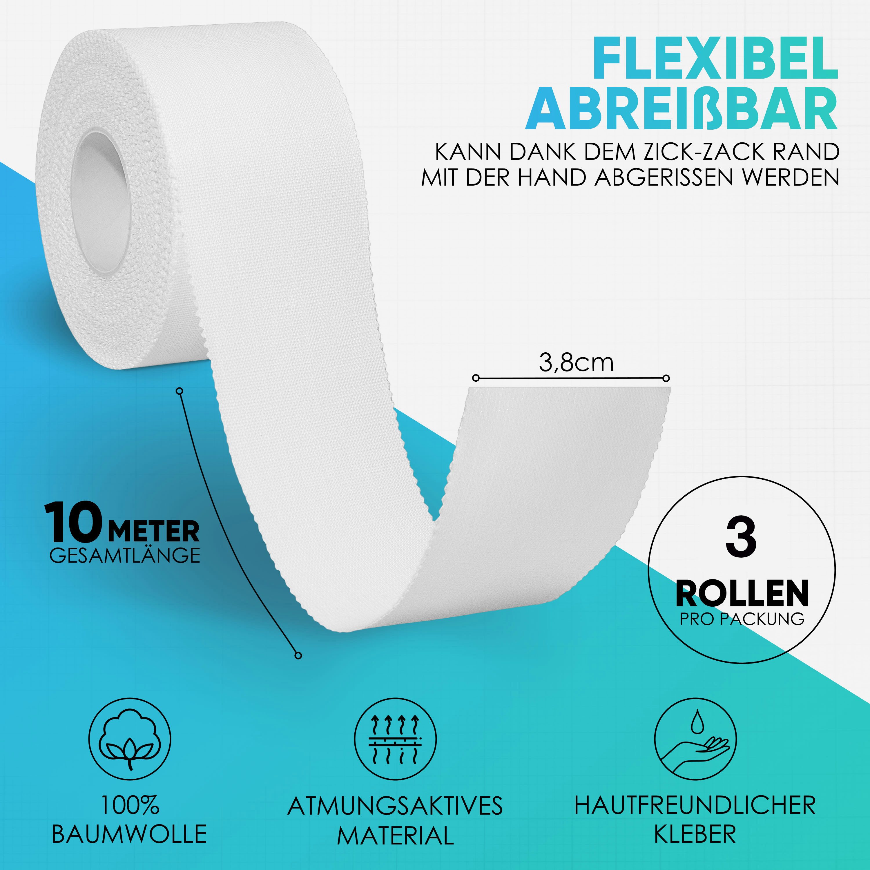 Health Press Bandage Sporttape - 3 Tape Rollen (3,8cm x 10m) (3-tlg)
