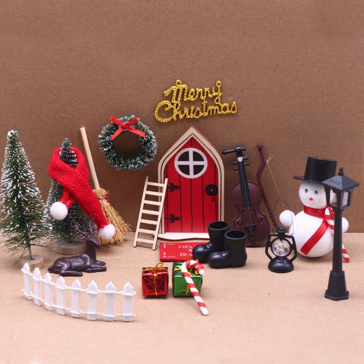 XDeer Kreativset Wichteltür Set,Wichteltür Zubehör Weihnachten,Weihnachtsdeko Elfentür, Miniatur WichtelZubehör,Kinderzimmer Dekor Geschenk für Weihnachten Rot