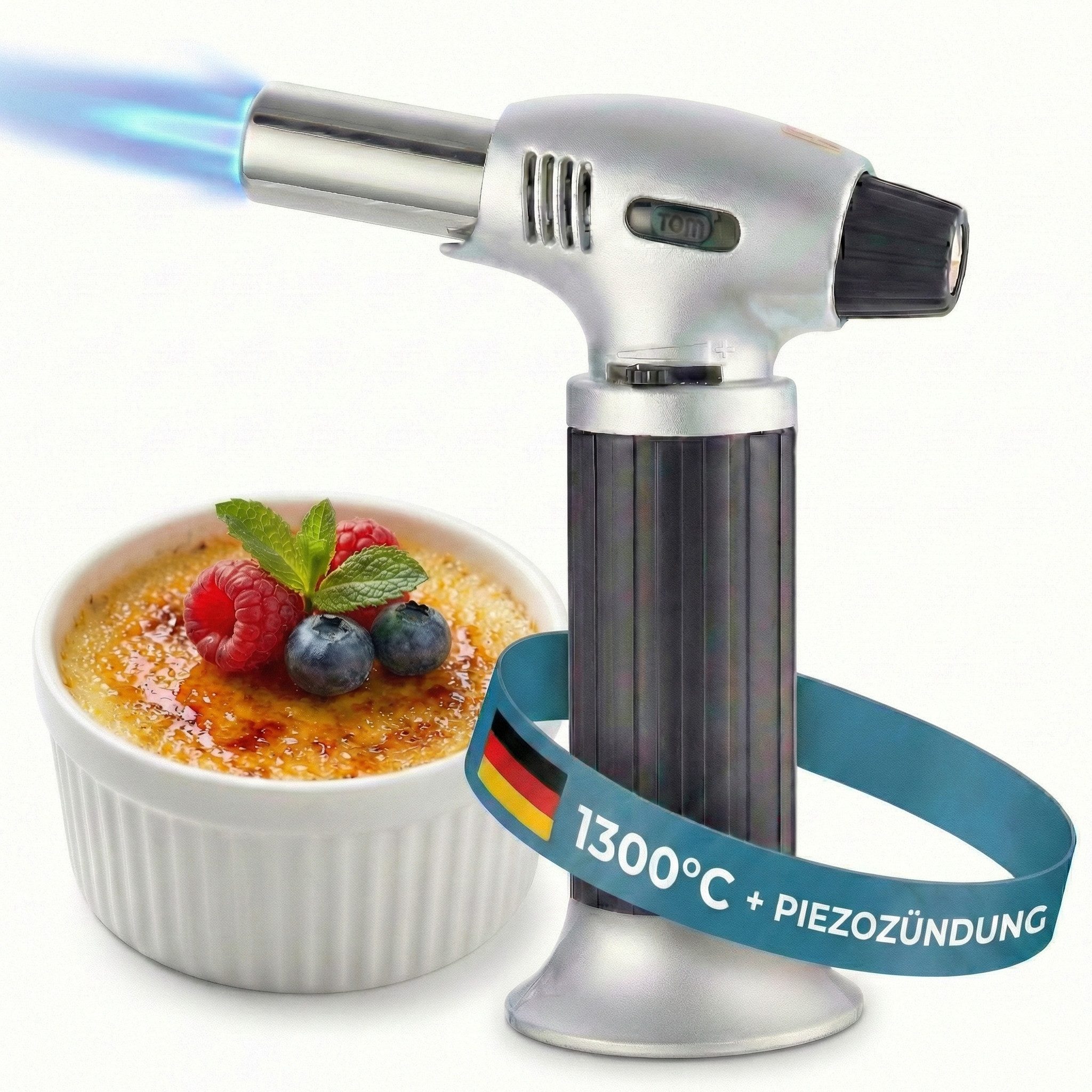 TOM Flambierbrenner Crème Brulée Brenner mit 1 x 100ml Gaskartusche, (1-tlg), 1300°C, Piezozündung, Gasbrenner, Bunsenbrenner, Küchenbrenner