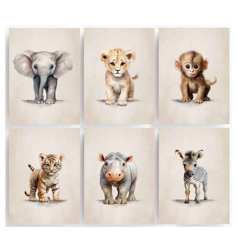 homestyle-accessoires Poster Wandbilder Bilderset Kinderbilder BABY WILDTIERE ELEFANT LÖWE 6er Set, Ohne Bilderrahmen