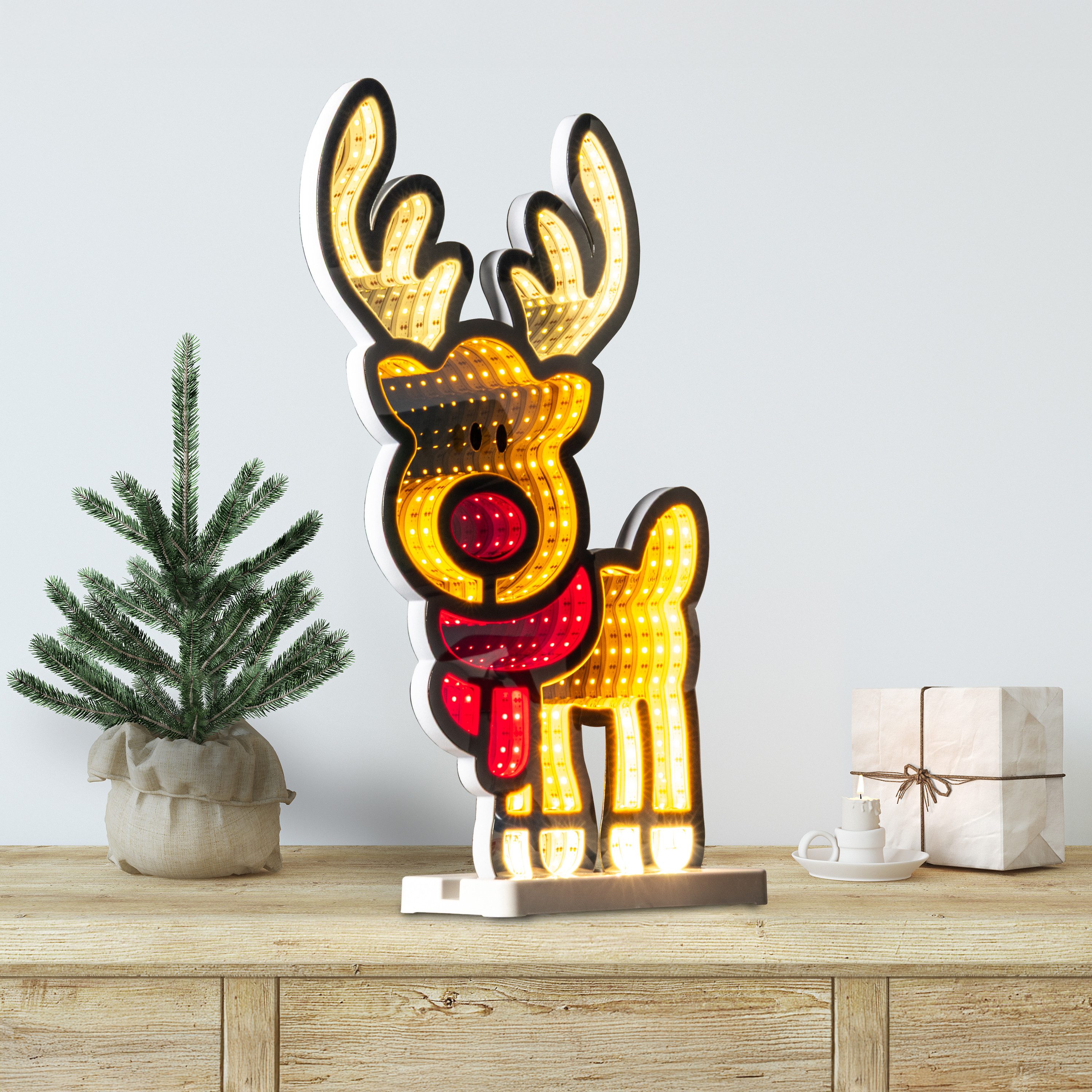 OTTO home LED Dekofigur LED-Rentier Evvina, LED fest integriert, Warmweiß, Infinity Effekt, Weihnachtsdeko für Innen, beidseitig beleuchte