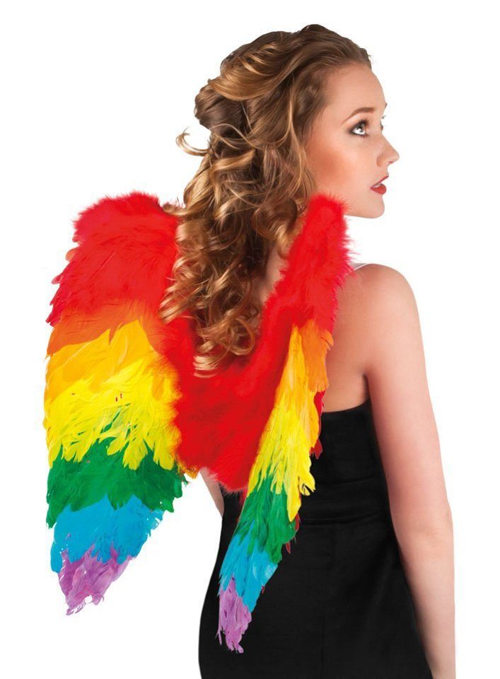 Boland Kostüm-Flügel Regenbogenfarbene Flügel - Faschings Kostümflügel, Gefiederte Schwingen für grazile Fantasiewesen
