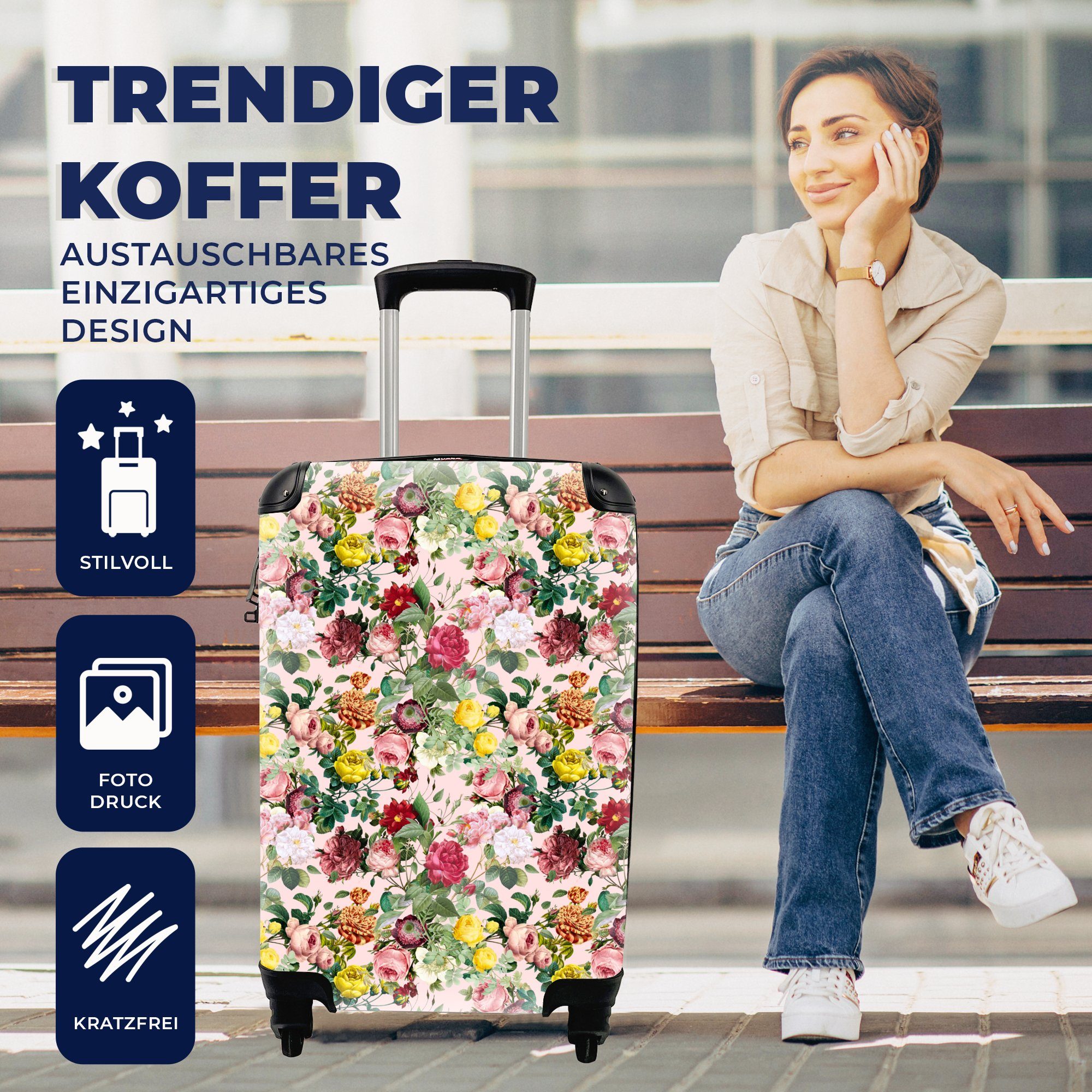 MuchoWow Handgepäckkoffer Rosen - Blumen Collage Reisetasche - - Trolley, für Ferien, Handgepäck Rollen, rollen, mit 4 Reisekoffer Gelb