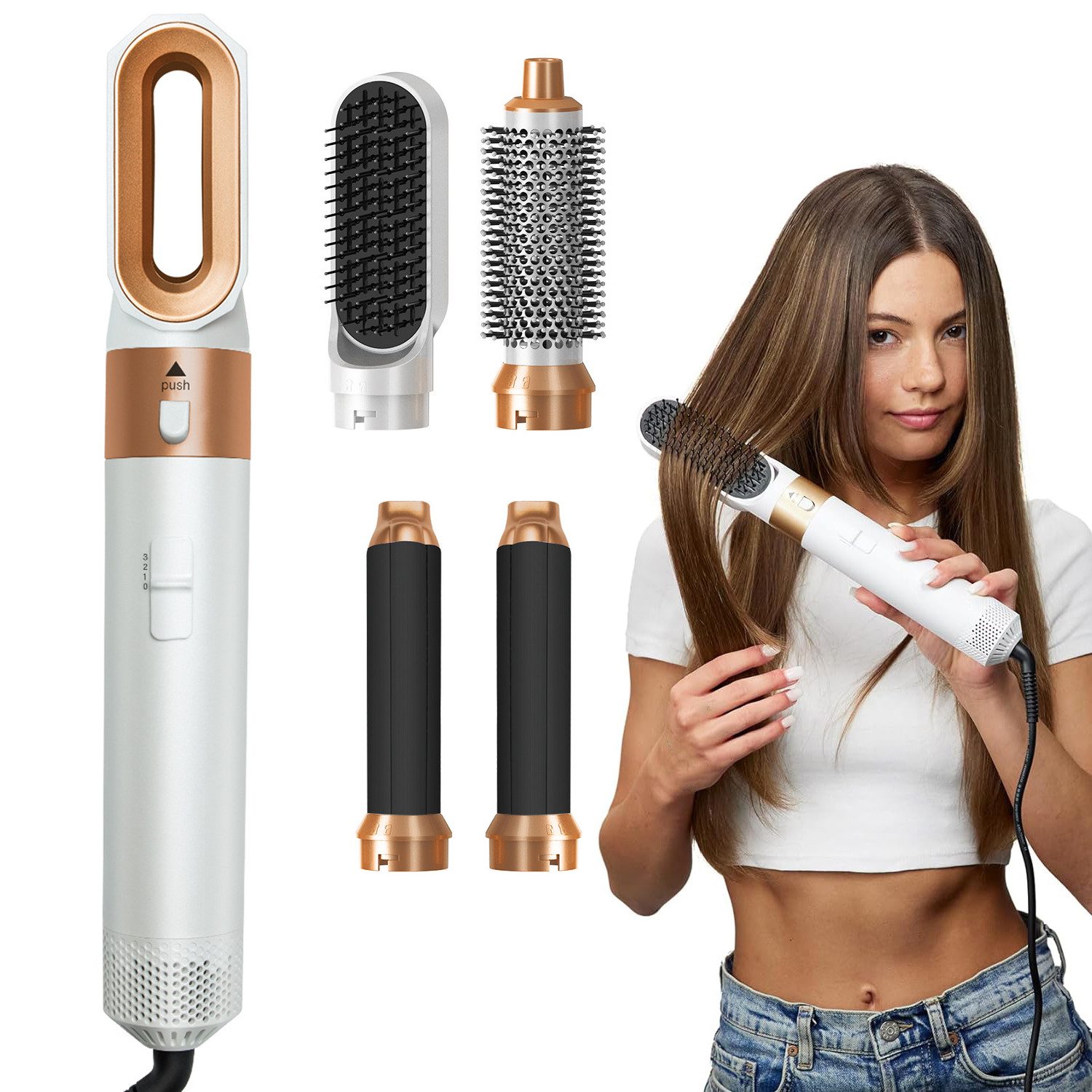 MOPUEA Lockenstab 5 in 1 Heißluftkamm,Warmluftbürste Set,Automatischer Lockenstab, Ionentechnik, mehrere Temperaturen, Auto-Off, leicht,reisefreundlich