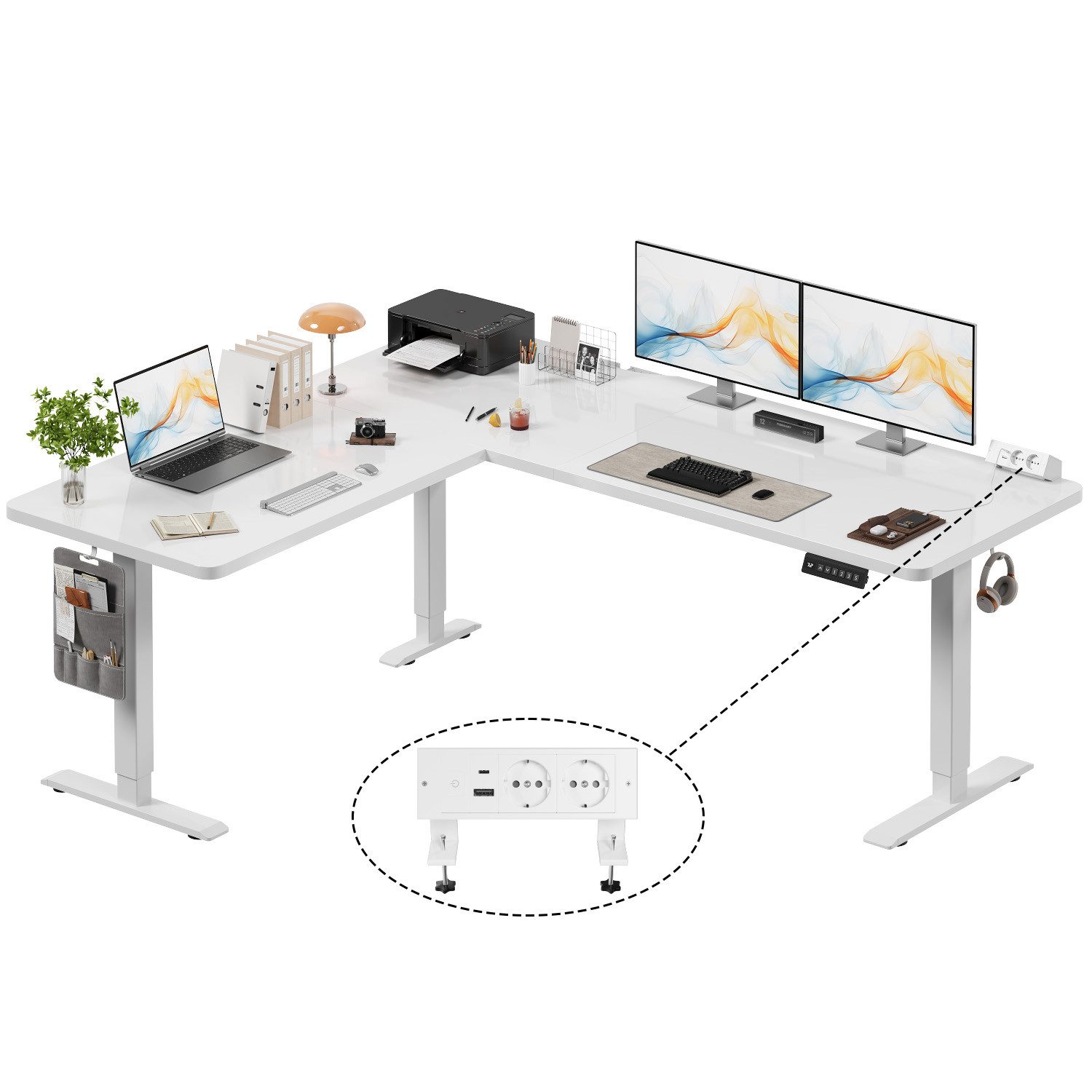 HOMALL Schreibtisch 20 mm starker EckSchreibtisch, L-förm höhenverstellbarer Schreibtisch (Maße: 160 × 140 / 190 × 155, 20 mm dicke Tischplatte, Tragkraft bis zu 100 kg, mit beweglicher Steckdose, in 3 Stufen höhenverstellbar)