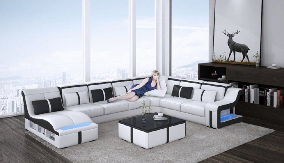 JVmoebel Ecksofa Design Ecksofa U-form Couch Wohnlandschaft, Sofa Made in Weiß Neu Europe Leder Beleuchtet