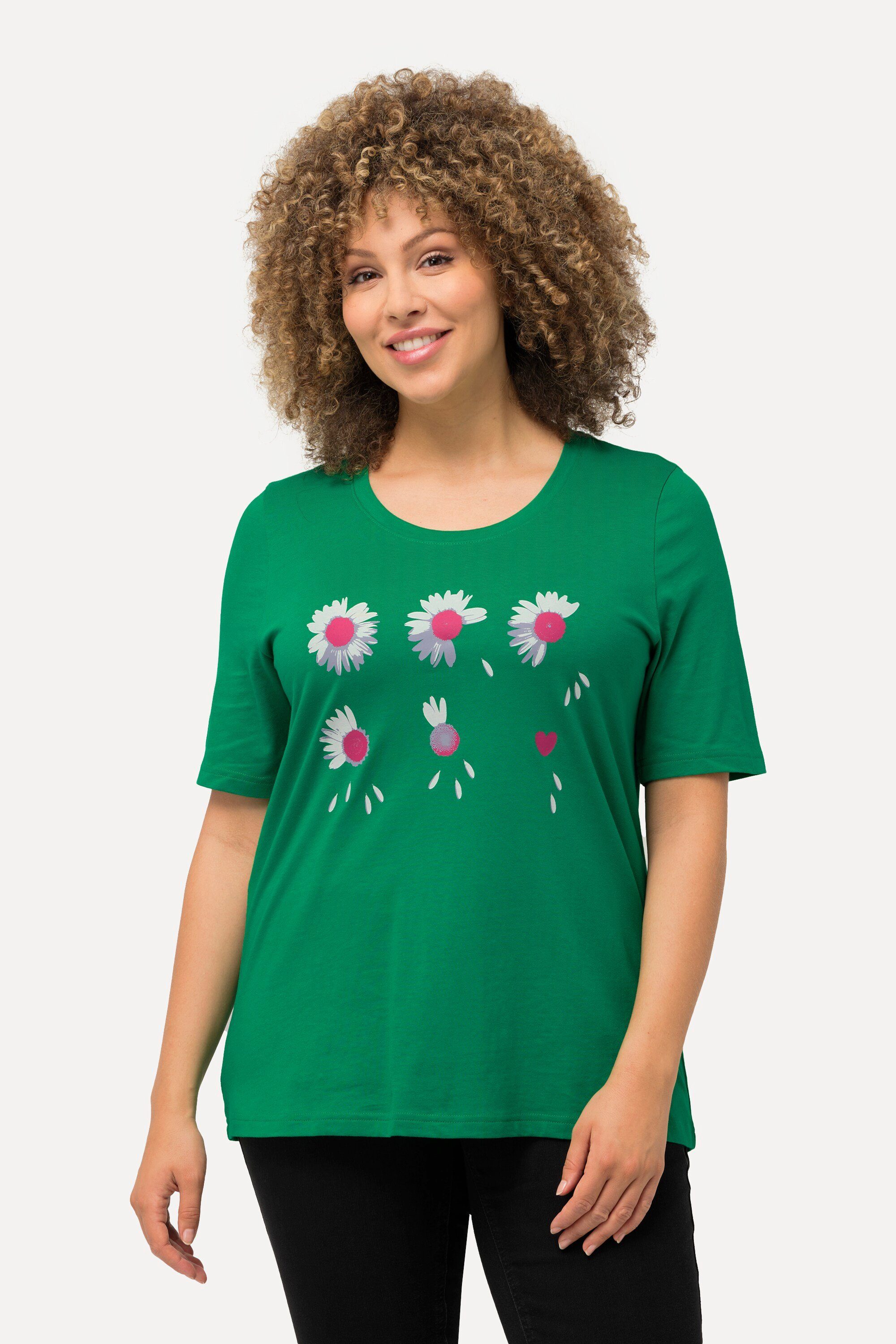 Ulla Popken Rundhalsshirt T-Shirt Blüten Classic Runhals Halbarm smaragdgrün