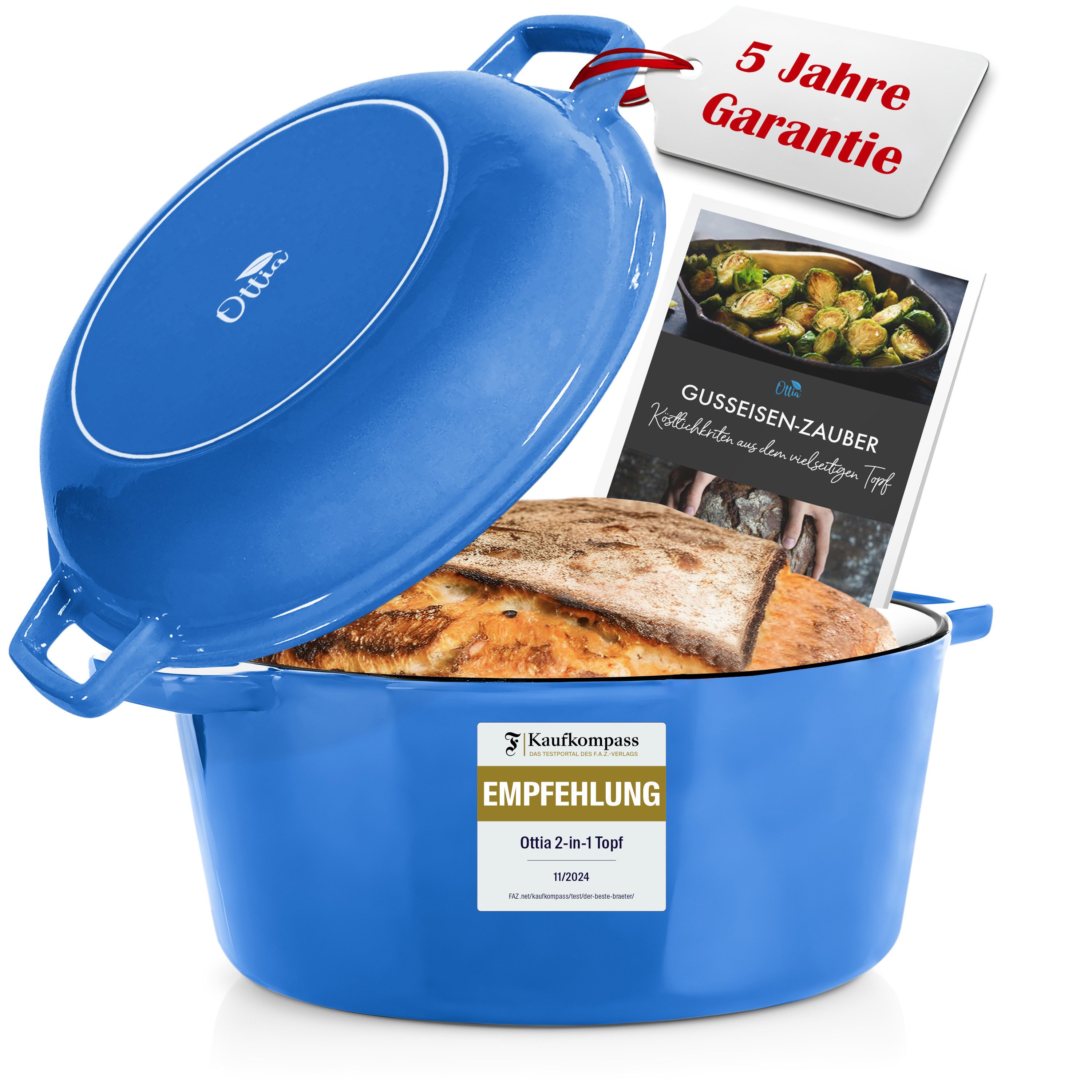 Ottia Schmortopf Gusseisen Topf, Brot backen, Dutch Oven, 2-in-1, 26cm, 5 Liter, Emaille, Gusseisen (inkl. E-Book), Händler aus Hamburg