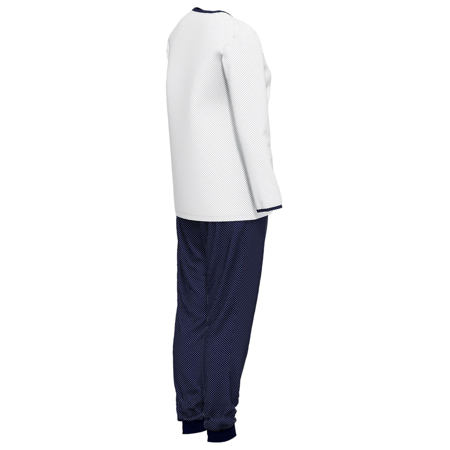 GÖTZBURG navy Baumolle weich, Henley-Auschnitt, gepunktet mit langarm, Knöpfe, Schlafanzug reine bequem, / weiß