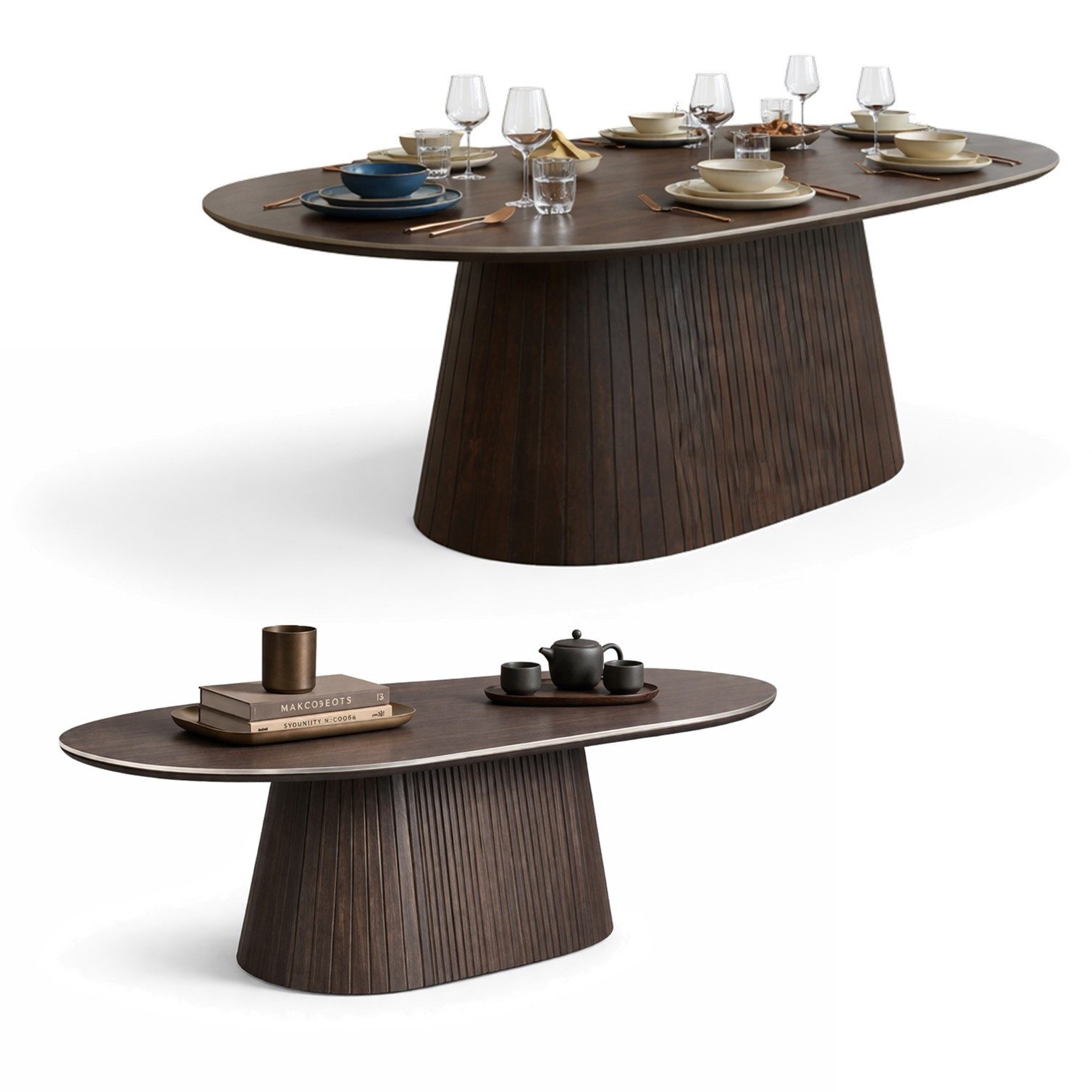 HOOZ Wohnzimmertisch Couchtisch & Esstisch Set oval Keramikplatte 130x70cm & 180x90cm Braun (Set, 1× Esstisch, 1× Couchtisch), Keramik-Tischplatte, verschiedene Varianten, pflegeleicht & stabil