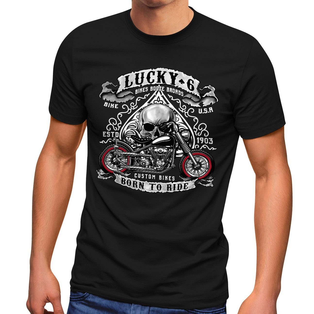 MoonWorks Shirt Herren Totenkopf Shopper Lucky T-Shirt USA mit Pik Biker 6 Moonworks® Print Motorrad Print-Shirt