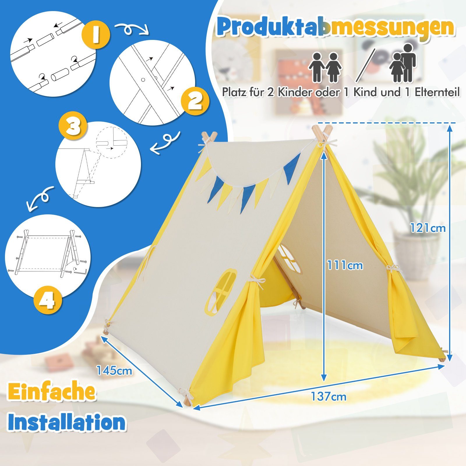 COSTWAY Tipi-Zelt Kinder Spielzelt, 145 Personen: cm 121 x x 137 2