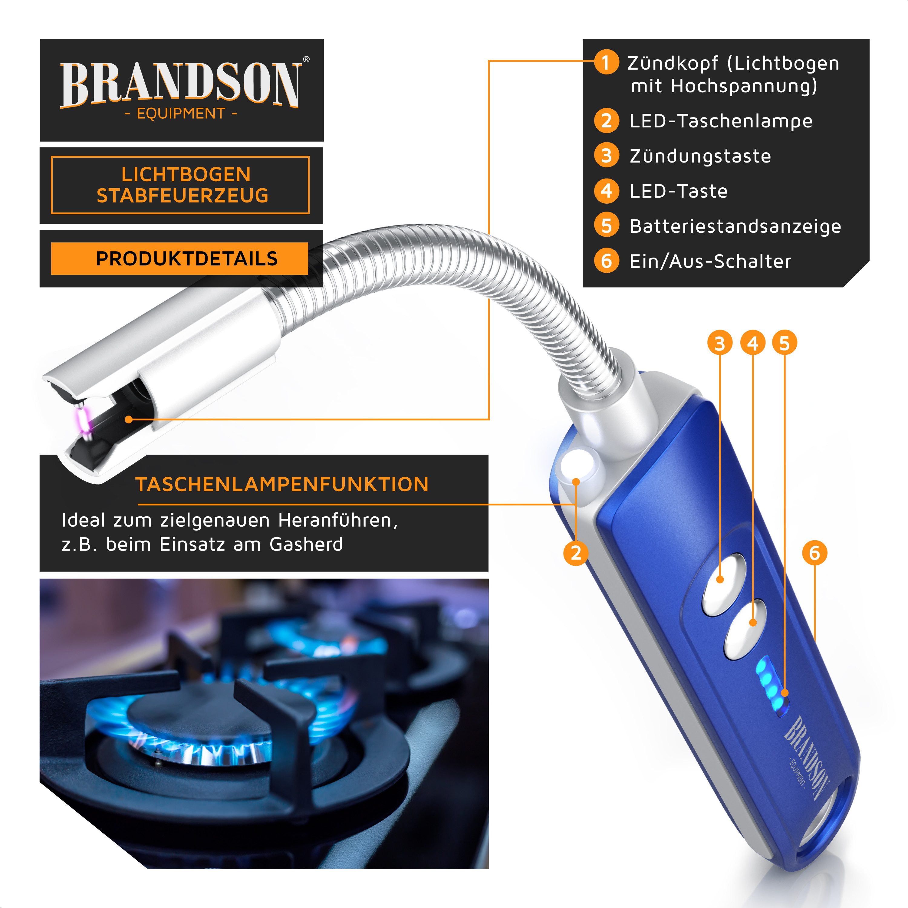 Brandson Feuerzeug elektrisch, Lichtbogen Stabfeuerzeug USB aufladbar (1-St), Kerzenanzünder für Küche, Kerzen, Gasherde, Grill, Kamin