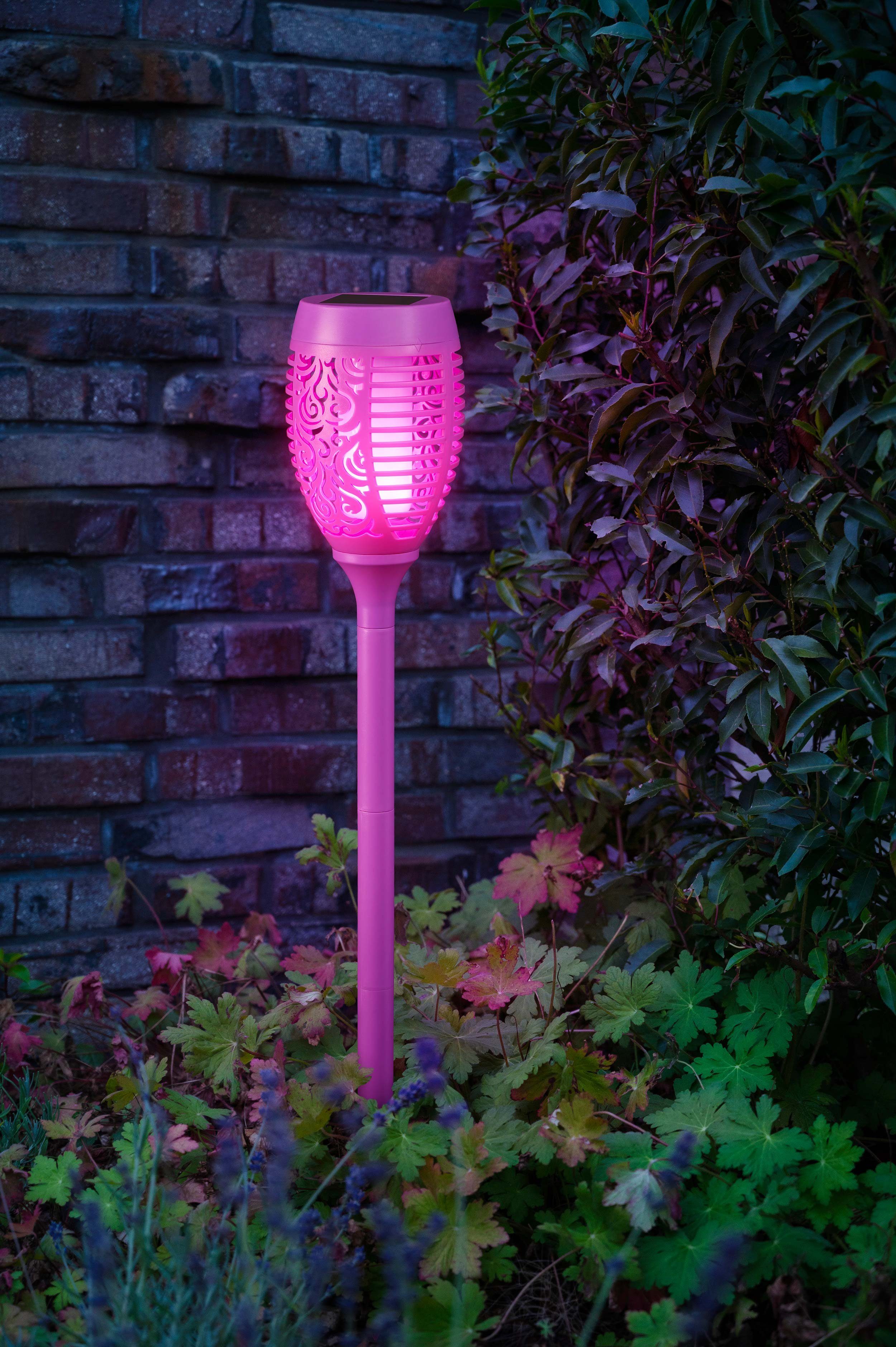 mit bunt, Dämmerungssensor, hoch, für integriert, Gartenfackel bunt Gartenfackel LED lila LED 72 bunte Außen, kamelshopping Flammeneffekt, cm ca. fest Solarleuchten wasserdicht,