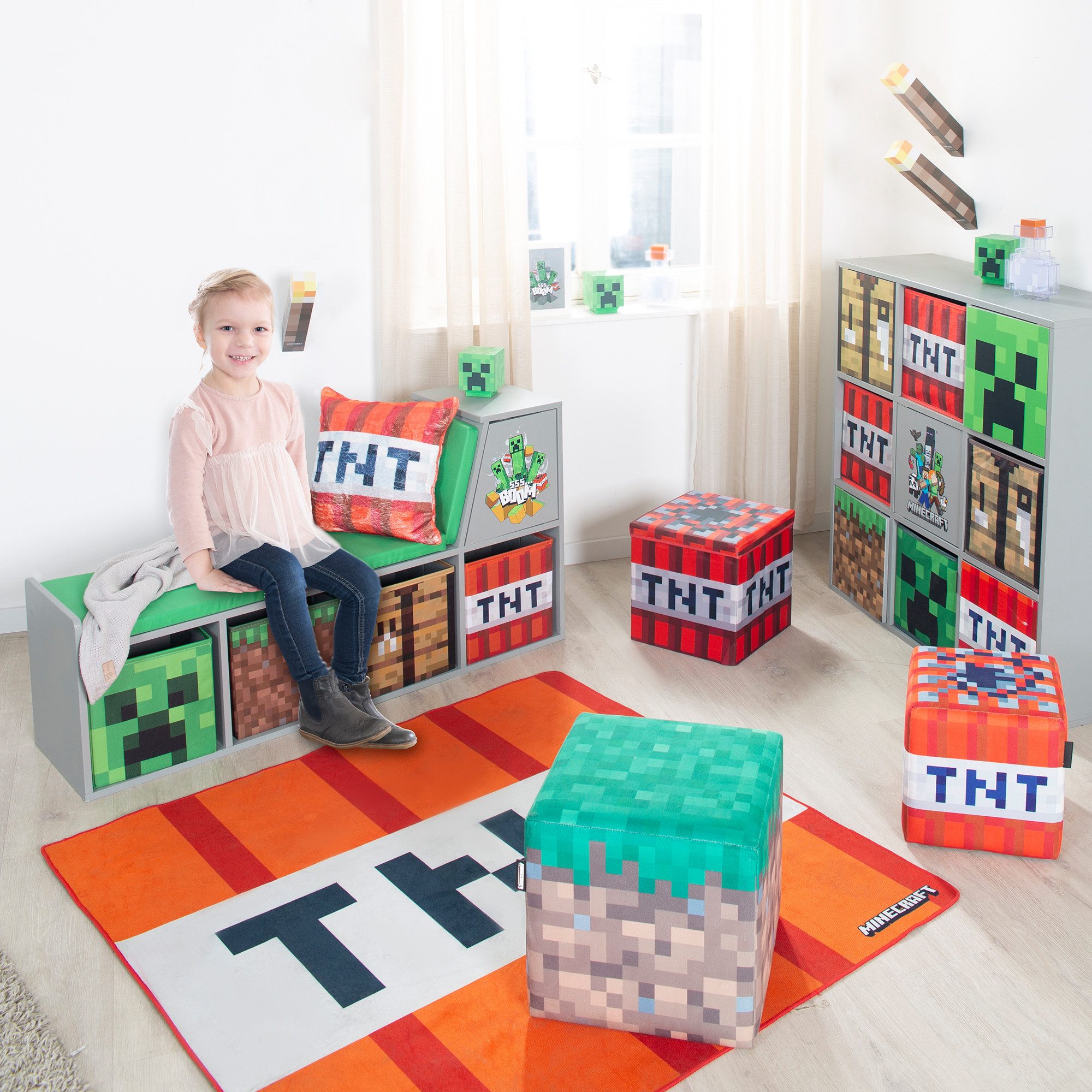 Minecraft Sitzbank mit Sitzkissen und Lehne - mit 4 Stauraumkisten, aus stabilem Holz - praktische Sitzbank zum Lesen - Grau – Bild 2 von 5