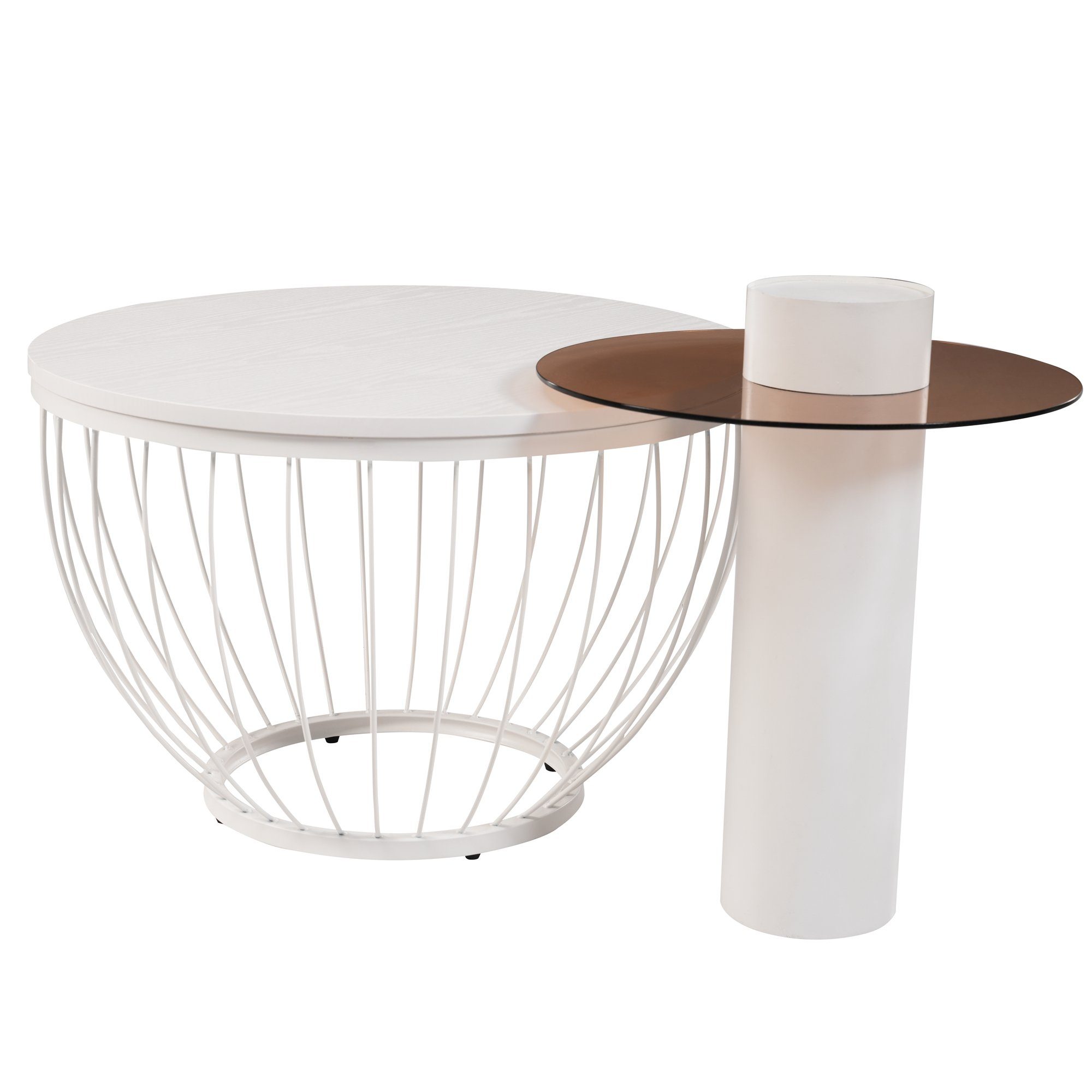 Merax Couchtisch 2er (2-St), | Beistelltisch Satztisch Weiß mit Set, Weiß Glastischplatte Stahlrahmen, Holz-und