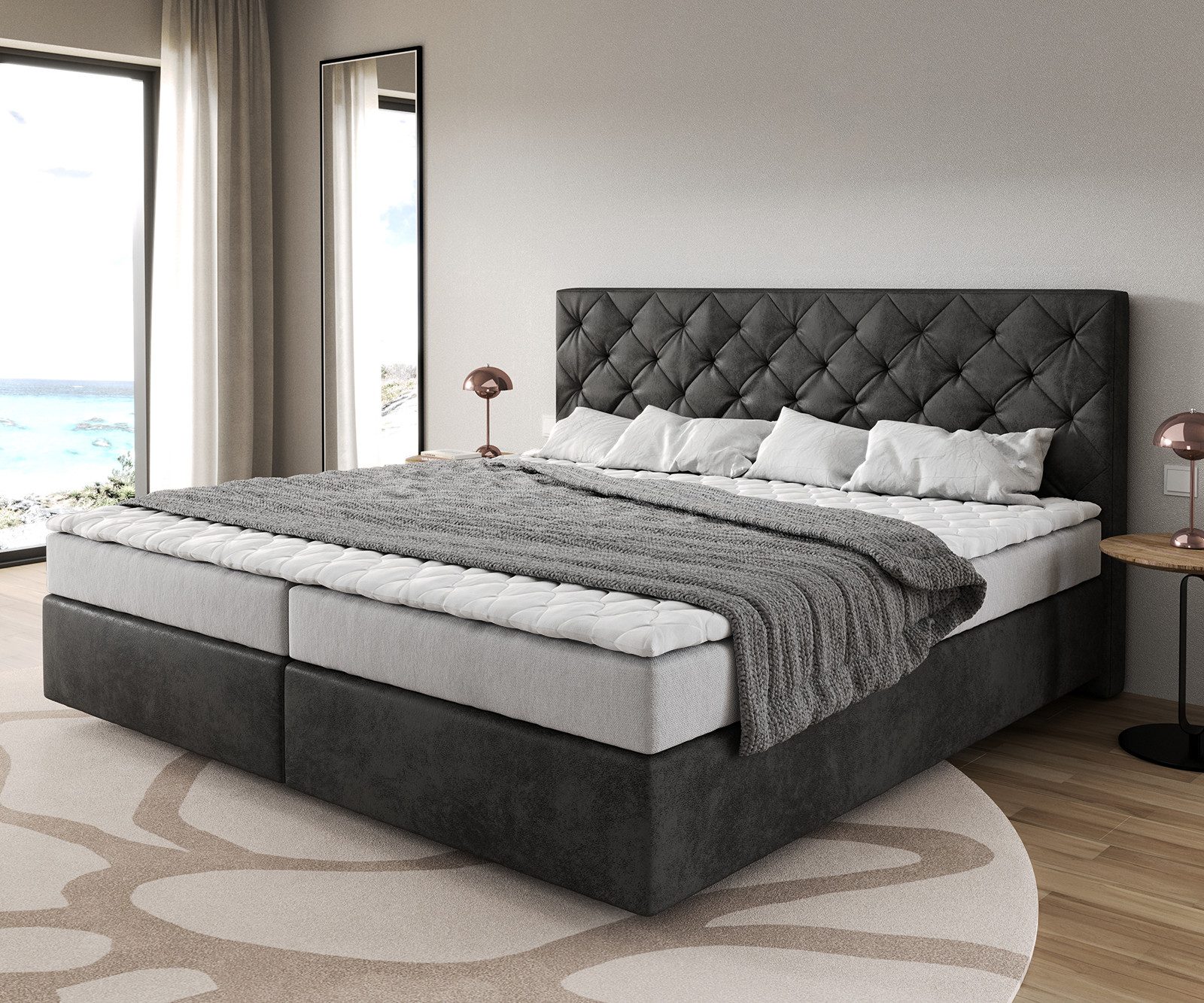 DELIFE Boxspringbett Dream-Great, Mikrofaser Anthrazit Vintage 200x200 cm Bonell-Matratze PU-Topper