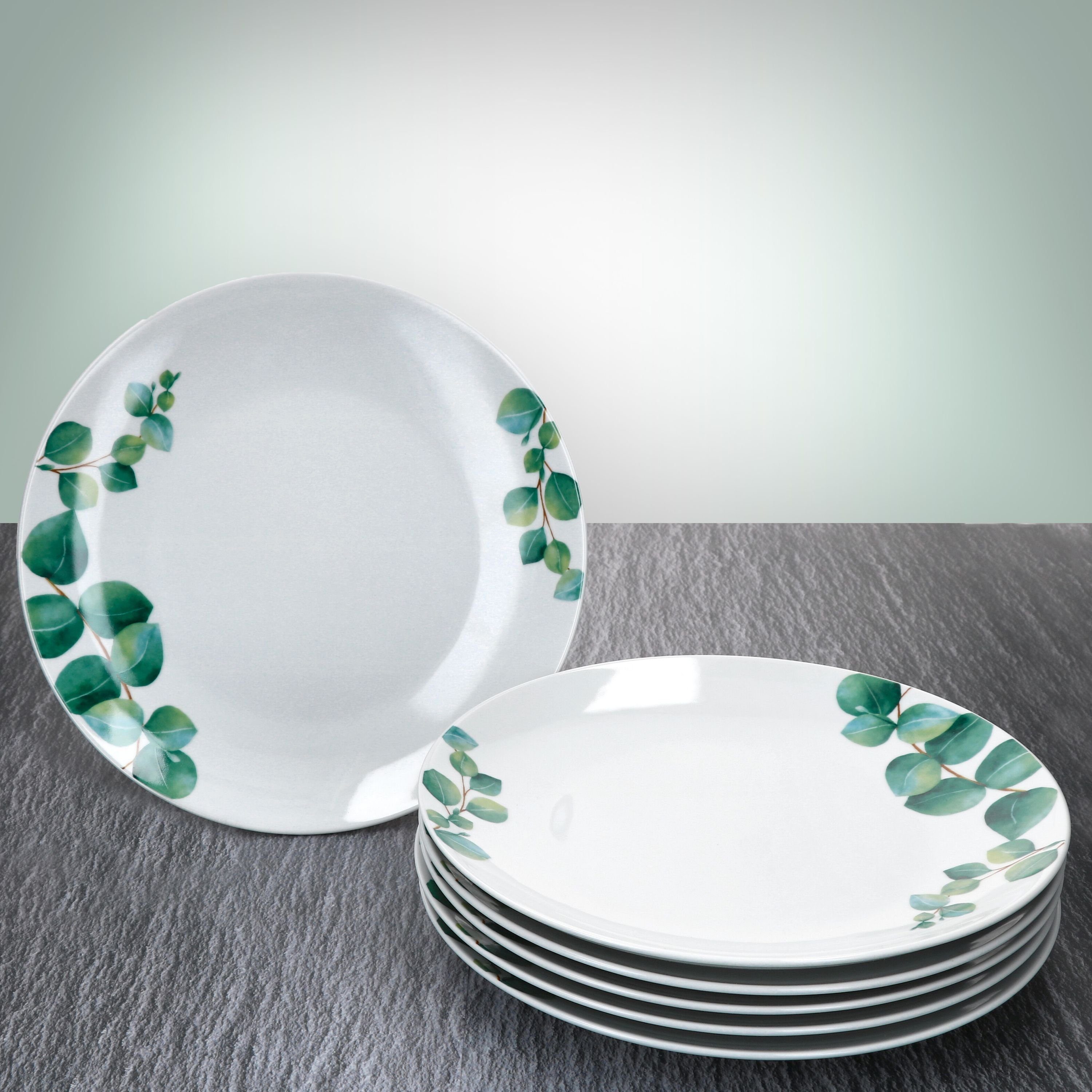 MamboCat Tafelservice 12tlg Tafelservice Eukalyptus weiß Porzellan 6 Personen Essteller, Porzellan