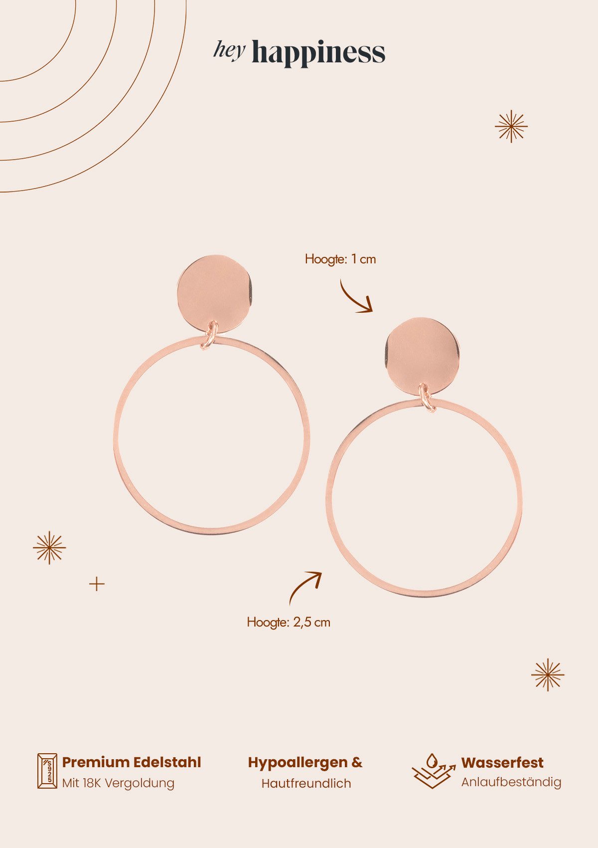 Hey Happiness Paar Ohrhänger Kreis, 18K Vergoldete Damen Ohrringe, Hängende Edelstahl Creolen mit Geo Charm, wasserfest