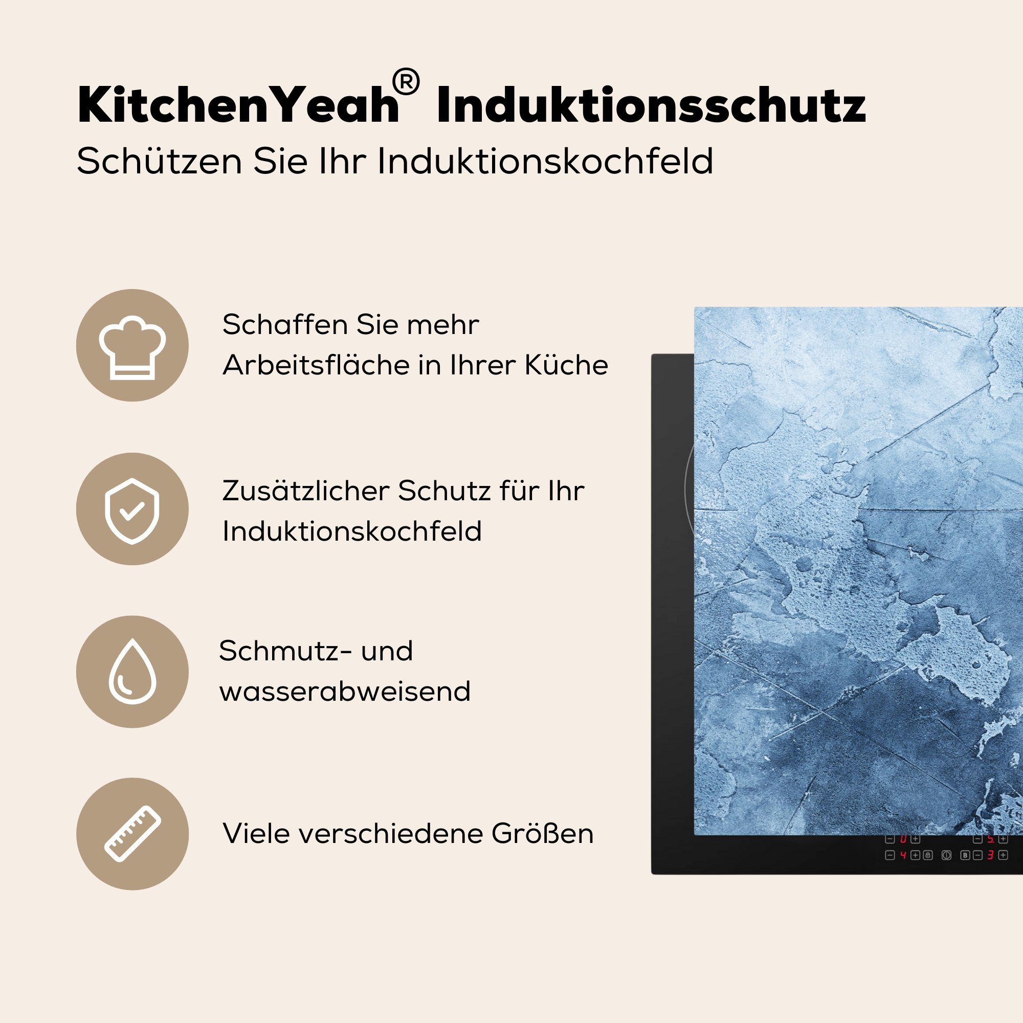 MuchoWow Herdblende-/Abdeckplatte Induktionsschutz - (1 Beton 81x52 die für Vinyl, für tlg), Blau Retro, cm, Abdeckplatte Ceranfeldabdeckung Schutz küche, - - Herd - Induktionskochfeld