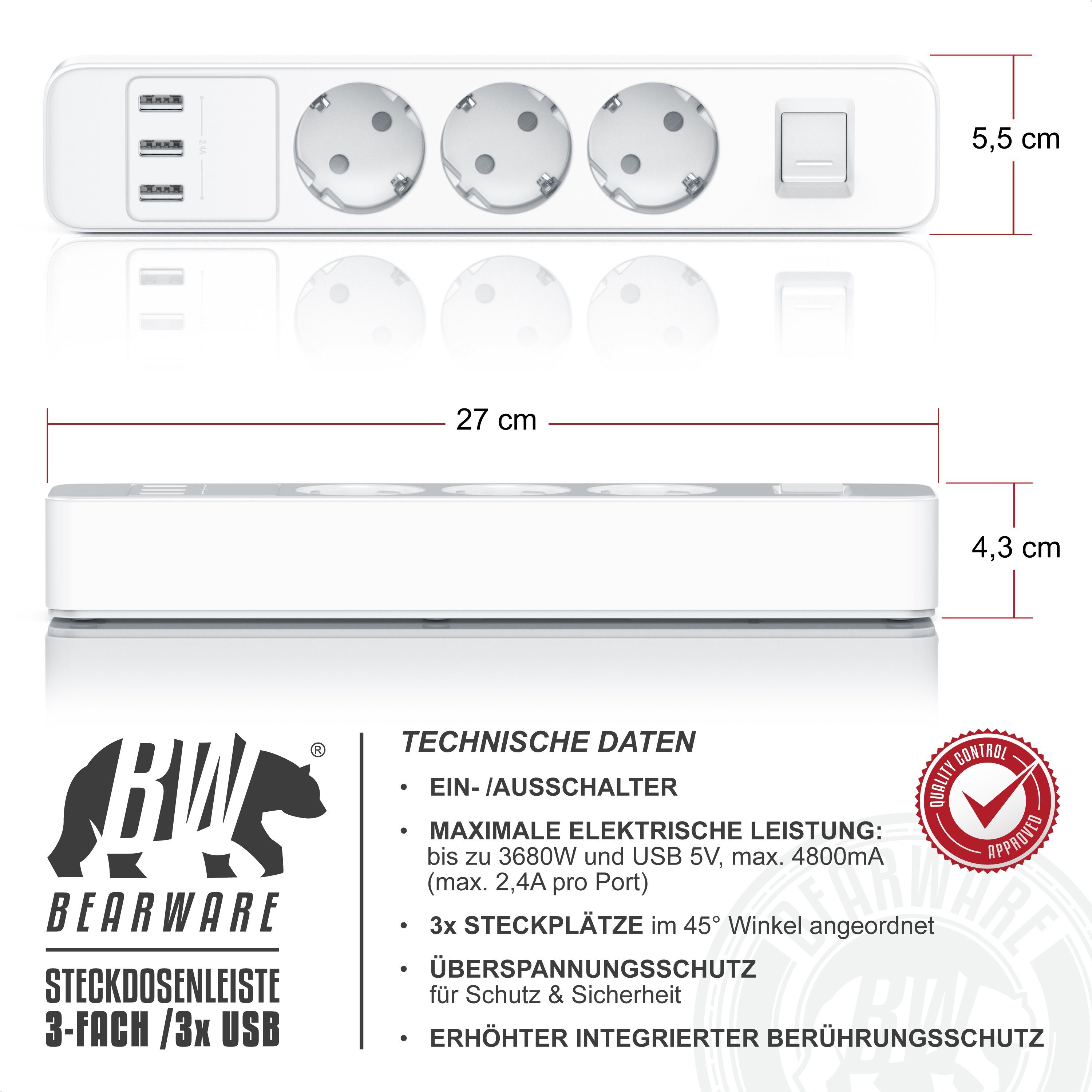 1,50 USB-Anschlüsse, Kindersicherung, Überspannungsschutz, 3-fach Schutzkontaktstecker, / (Ein- Steckdosenleiste Ausschalter, m), Steckdosenleiste BEARWARE Kabellänge