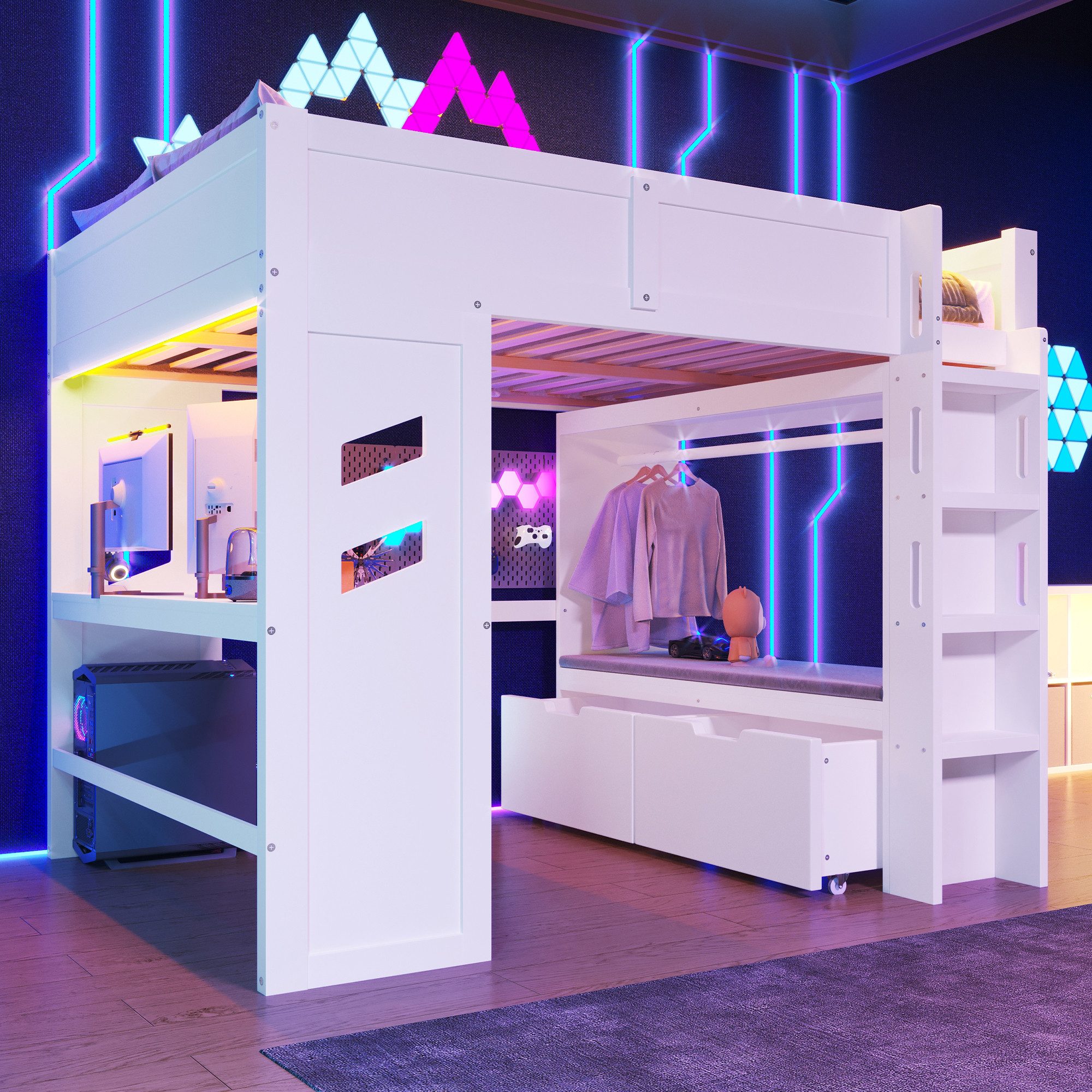 MODFU Kinderbett mit Schreibtisch, LED-Beleuchtung (Hochbett mit USB & Typ-C Ladeanschlüssen, Sicherheitsleiter, Schubladen & Wäscheständer, Funktionsbett 140x200 cm), ohne Matratze