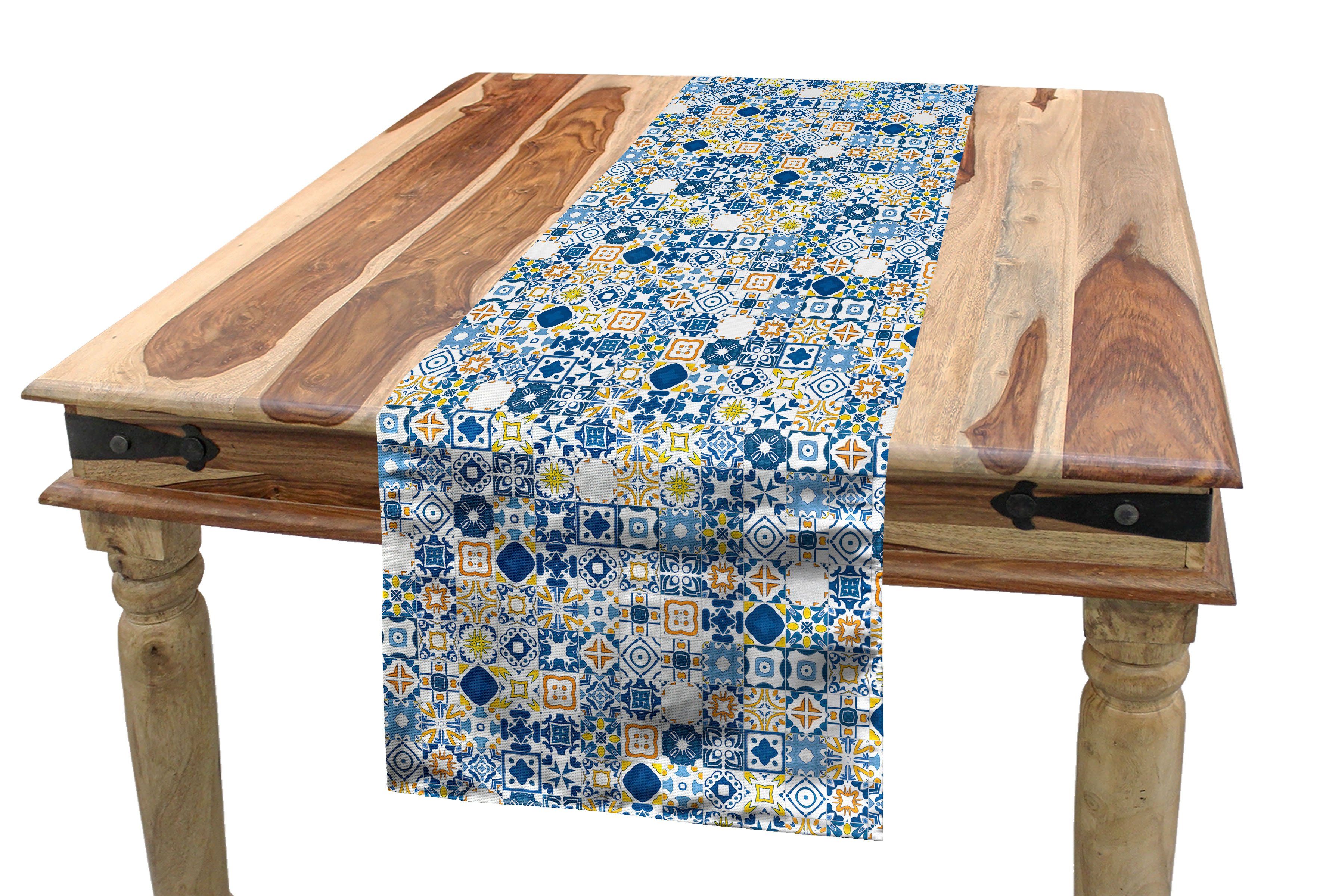 Abakuhaus Tischläufer Esszimmer Küche Rechteckiger Dekorativer Tischläufer, Gelb und Blau Mosaik Azulejo