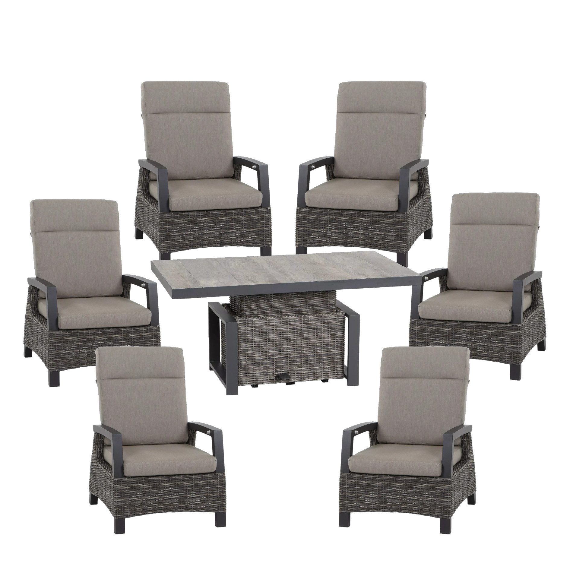 Siena Garden Gartenlounge-Set Corido, (Loungeset für 6 Personen, 7-tlg., 6 Sessel, 1 Lift-Tisch), Alu/Polyrattan/Keramik, inkl. Polster, vielfältig verstellbar