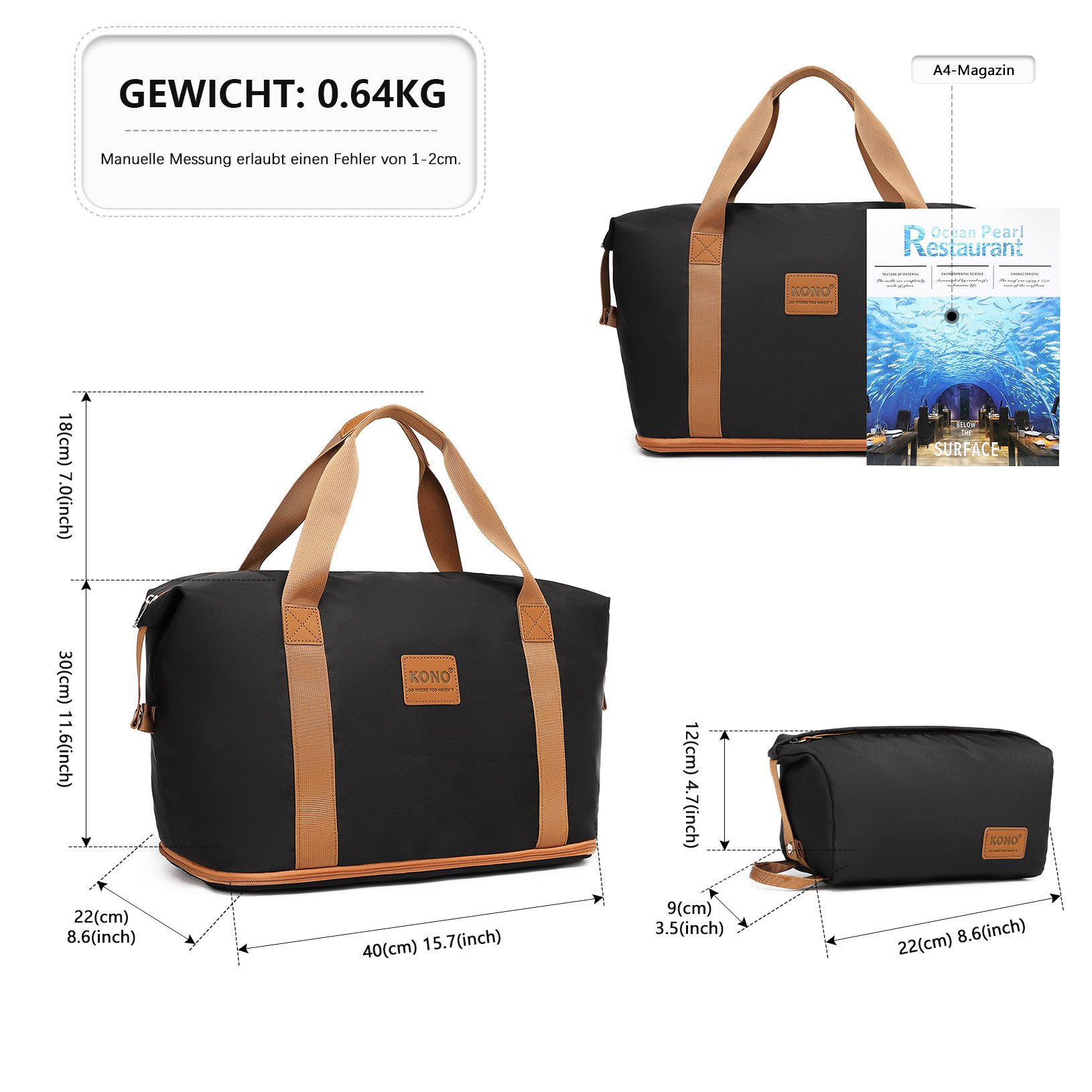KONO Reisetasche 2-in-1 Set: Erweiterbare Handgepäck-Tasche (36L) + Kosmetiktasche, Praktisches und leichtes Design