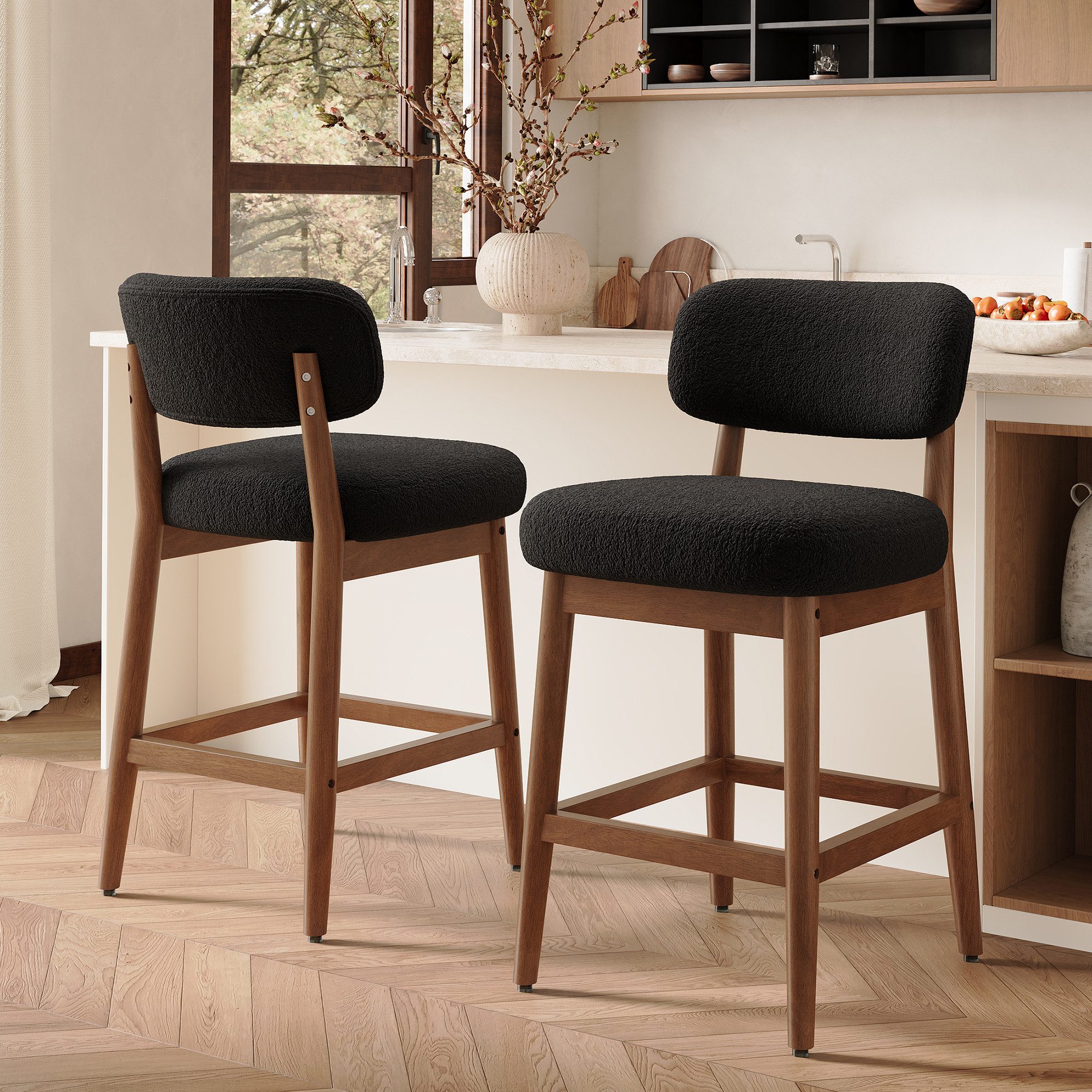 HawthyHome Barhocker mit Lehne Bouclé Tresenhocker gepolstert (2 St), mit Massivholzbeinen Barstuhl für Kücheninsel