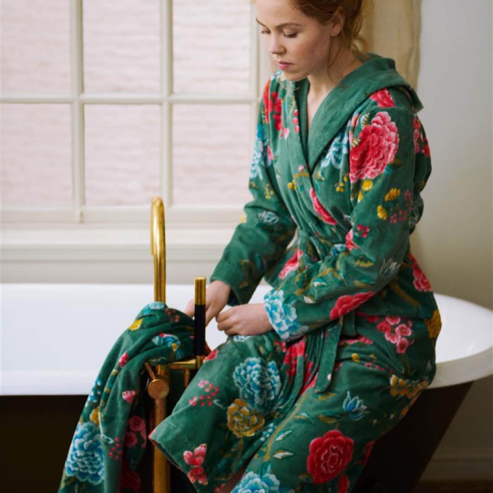 PiP Studio Damenbademantel Bademantel Good Evening Green, wadenlang, Frottee-Velour, Kapuze, Gürtel, Morgenmantel, Hausmantel