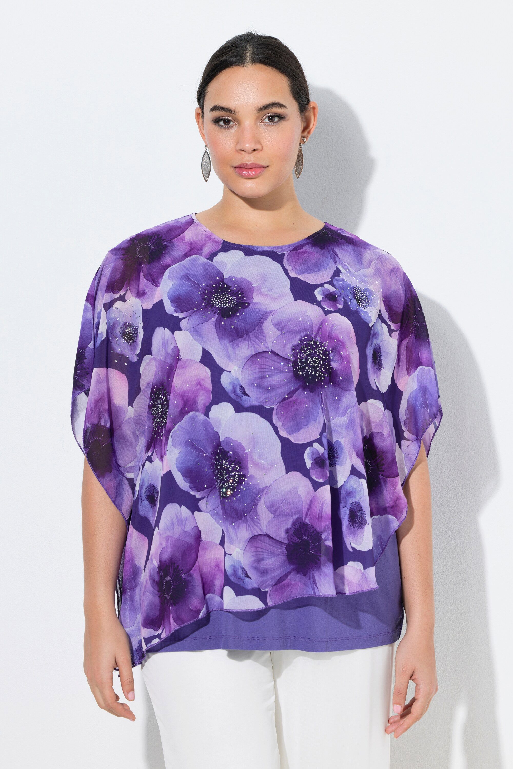 Ulla Popken Longbluse Chiffonbluse Blüten doppellagig Rundhals Halbarm günstig online kaufen