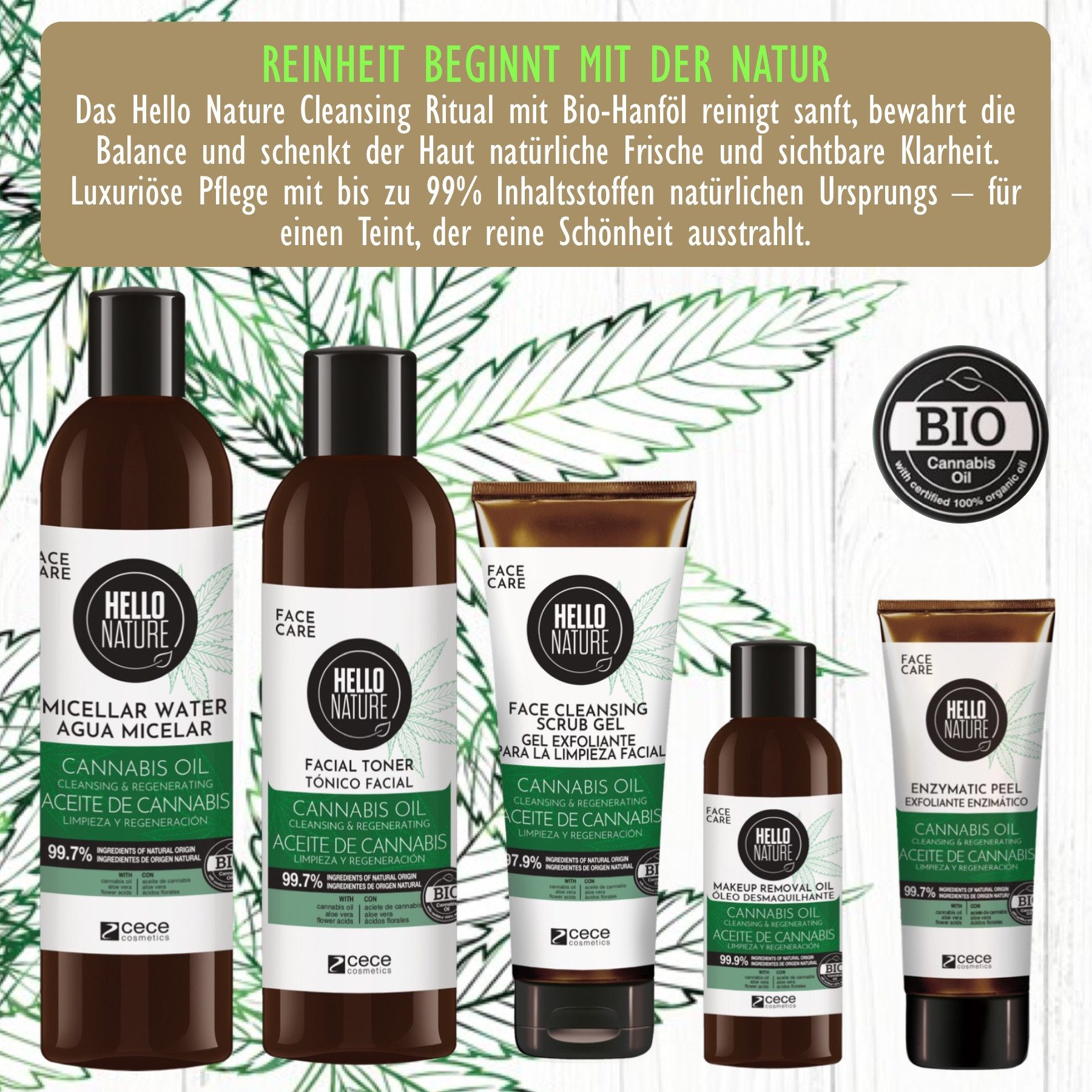Hello Nature Make-up-Entferner Hello Nature Haut Gesicht Regeneration Reinigungsöl mit Hanföl, 1-tlg., Gesichtsreinigung, Gesichtspflege, Make-up, Cannabis
