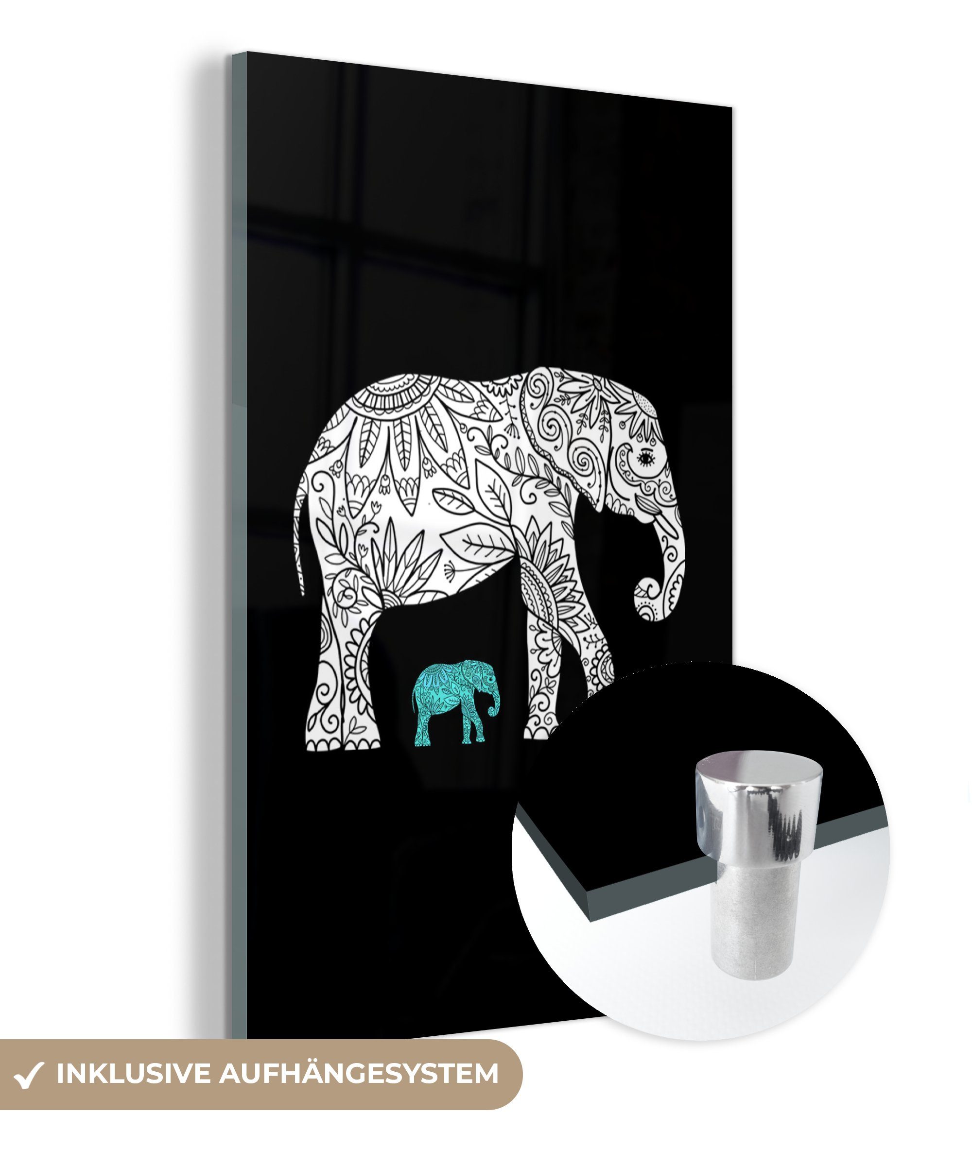 MuchoWow Acrylglasbild Elefant - Muster Glasbilder Glas Glas auf Wanddekoration - Foto Bilder - - Wandbild Schwarz, St), - (1 auf