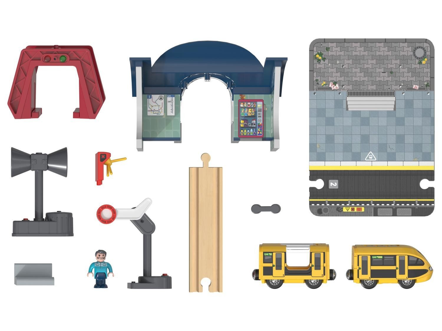 lupilu Spielzeug-Eisenbahn Eisenbahn Holz Spielzeug Batteriebetrieb Vor- Rückwärts Bhf-Set, (Spielset, 10-tlg., Bahnhof, selbstfahrende Lok, Zubehör), Interaktiv mit Sound Aufnahmefunktion
