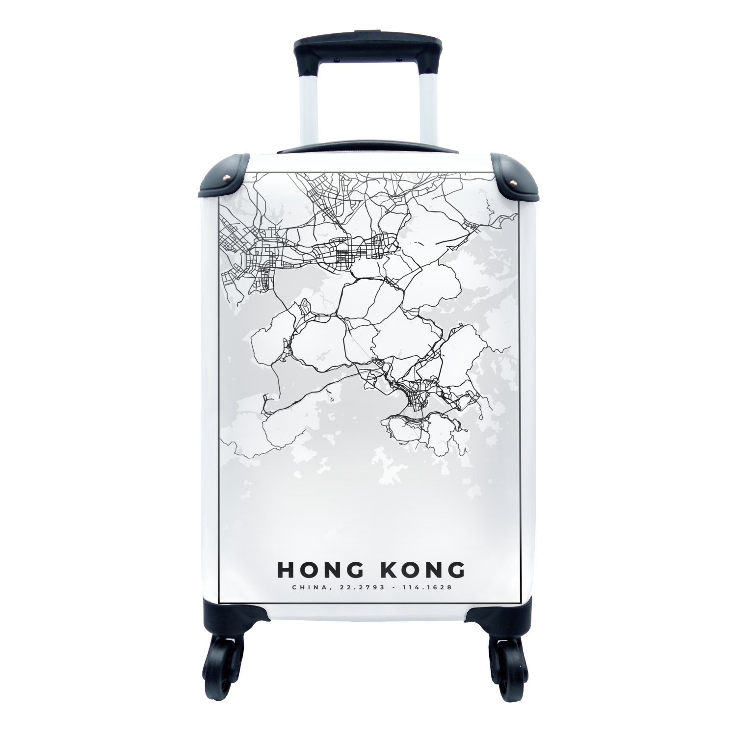 MuchoWow Handgepäckkoffer Karte - Hongkong - Schwarz-weiß - Stadtplan - Routenbeschreibung, 4 Rollen, Reisetasche mit rollen, Handgepäck für Ferien, Trolley, Reisekoffer