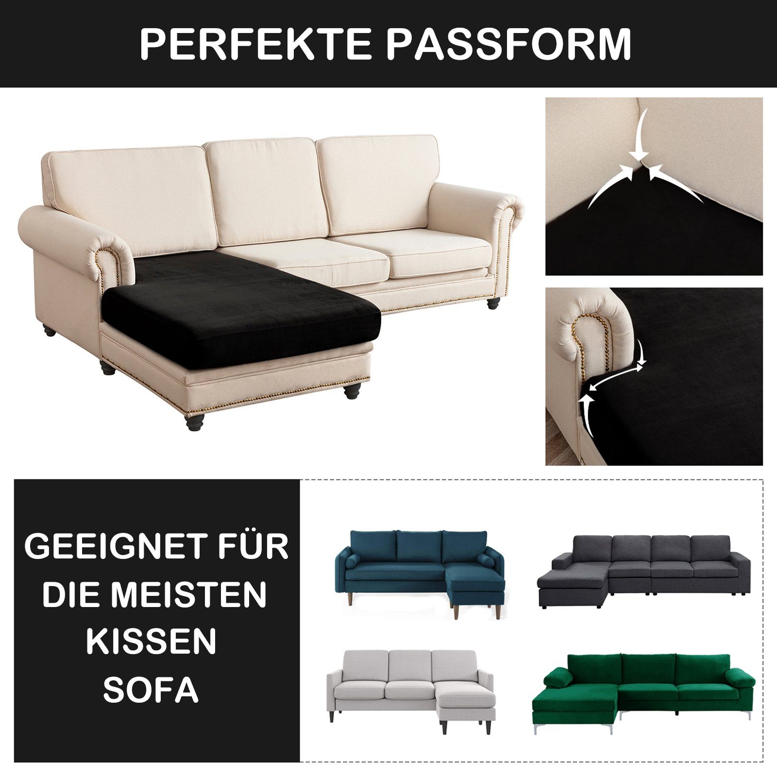 Sofahusse 1/3 Stück, für Schwarz L-Sofa, Plüschsamt, elastisch, Rosnek