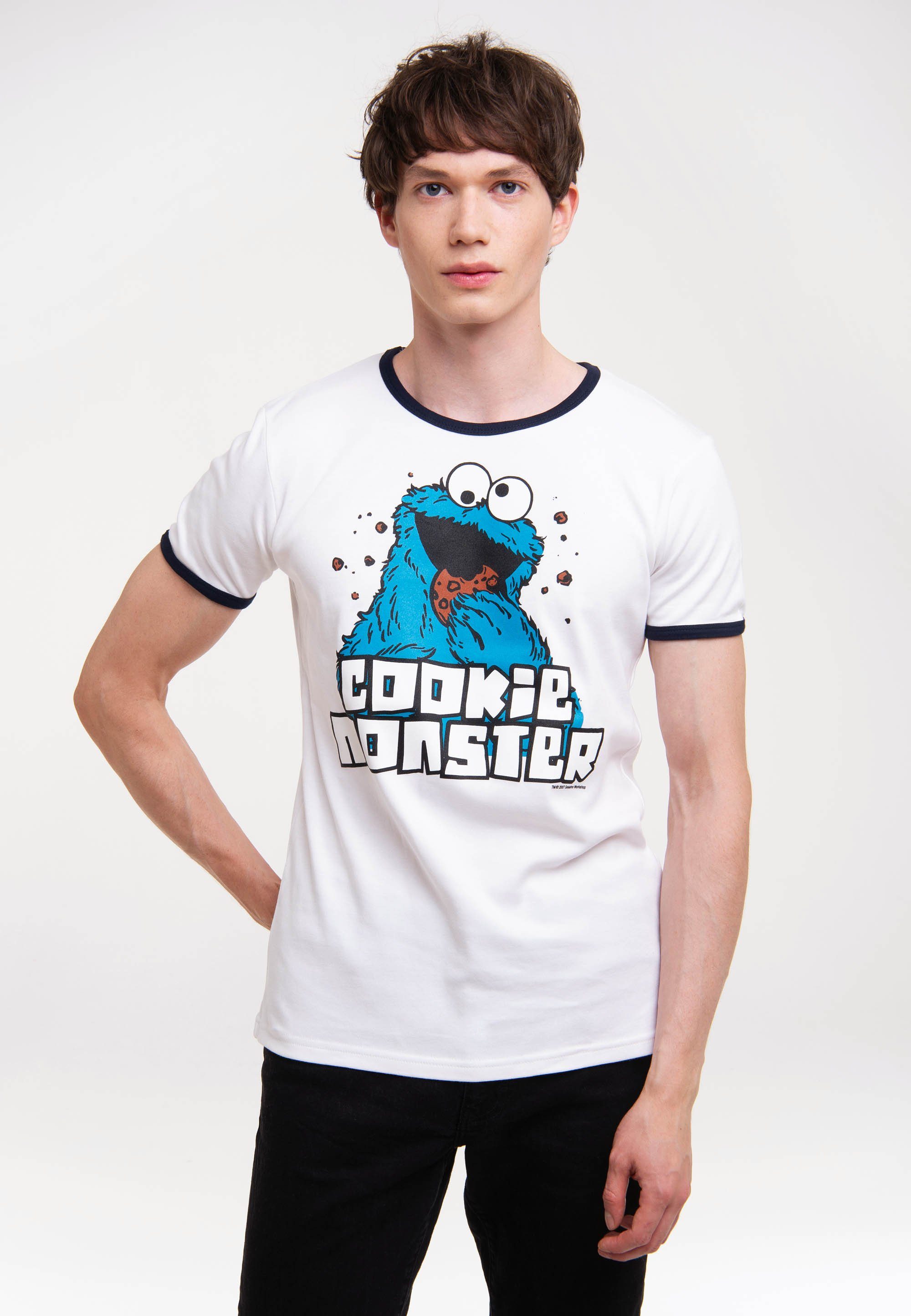 LOGOSHIRT T-Shirt Cookie Monster mit farblich abgesetzten Bündchen weiß-dunkelblau