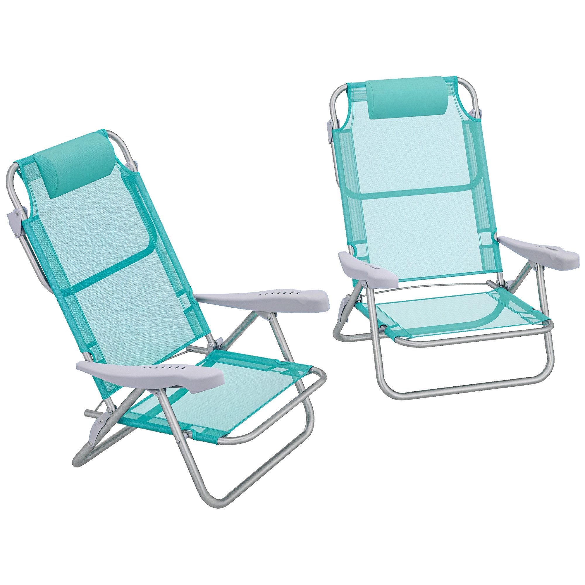 Outsunny Campingstuhl Gartenstuhl mit 6-fach verstellbarer Netzrückenlehne Kopfstütze (faltbar Anglerstuhl, 2 St), bis 120 kg für Garten Strand Türkis