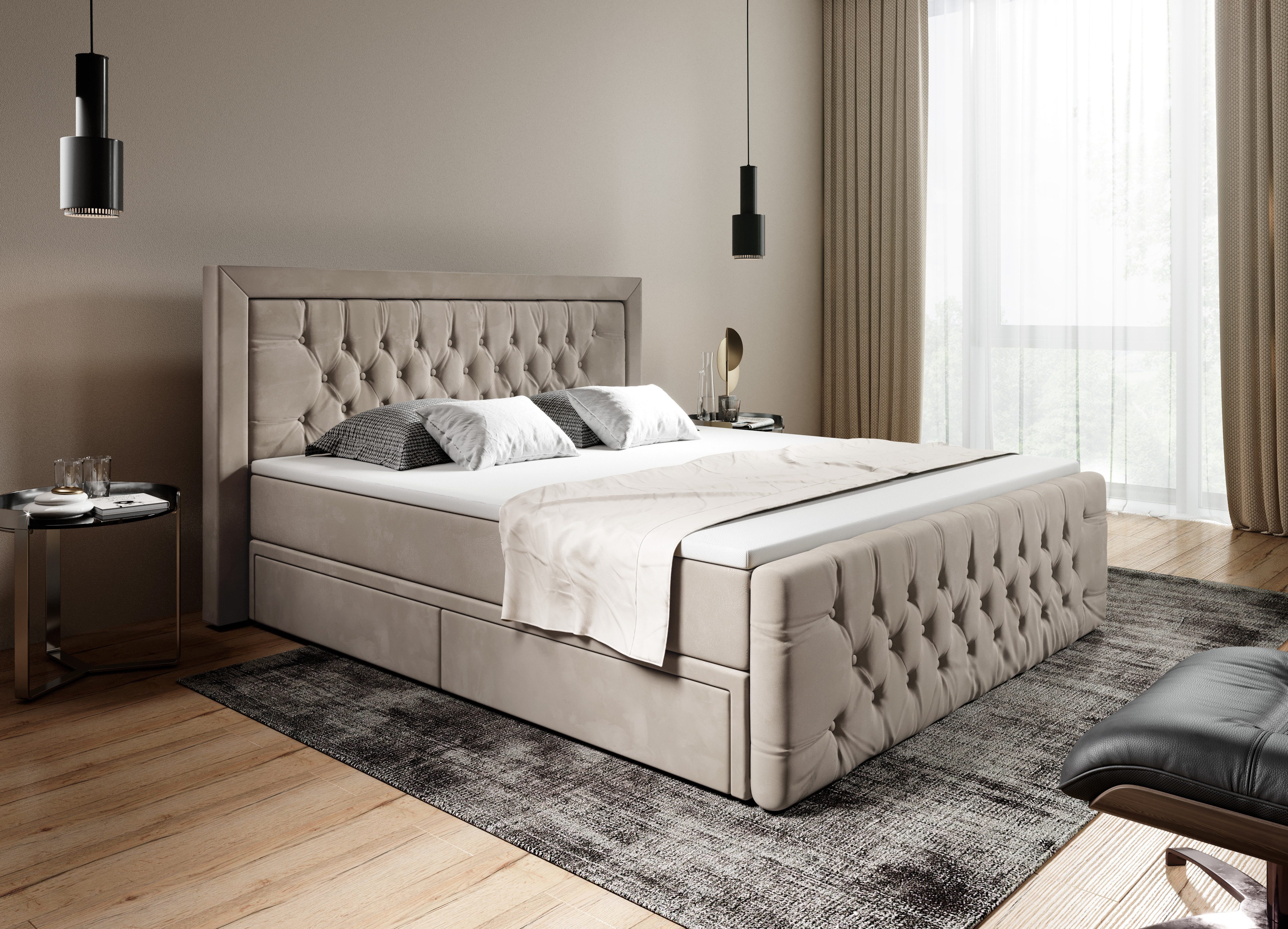 PROMETO Möbel Boxspringbett Prima mit Schubladen und Kopfteil in Chesterfield-Steppung 180x200cm, Doppelbett inkl. Topper und 2 Schubladen