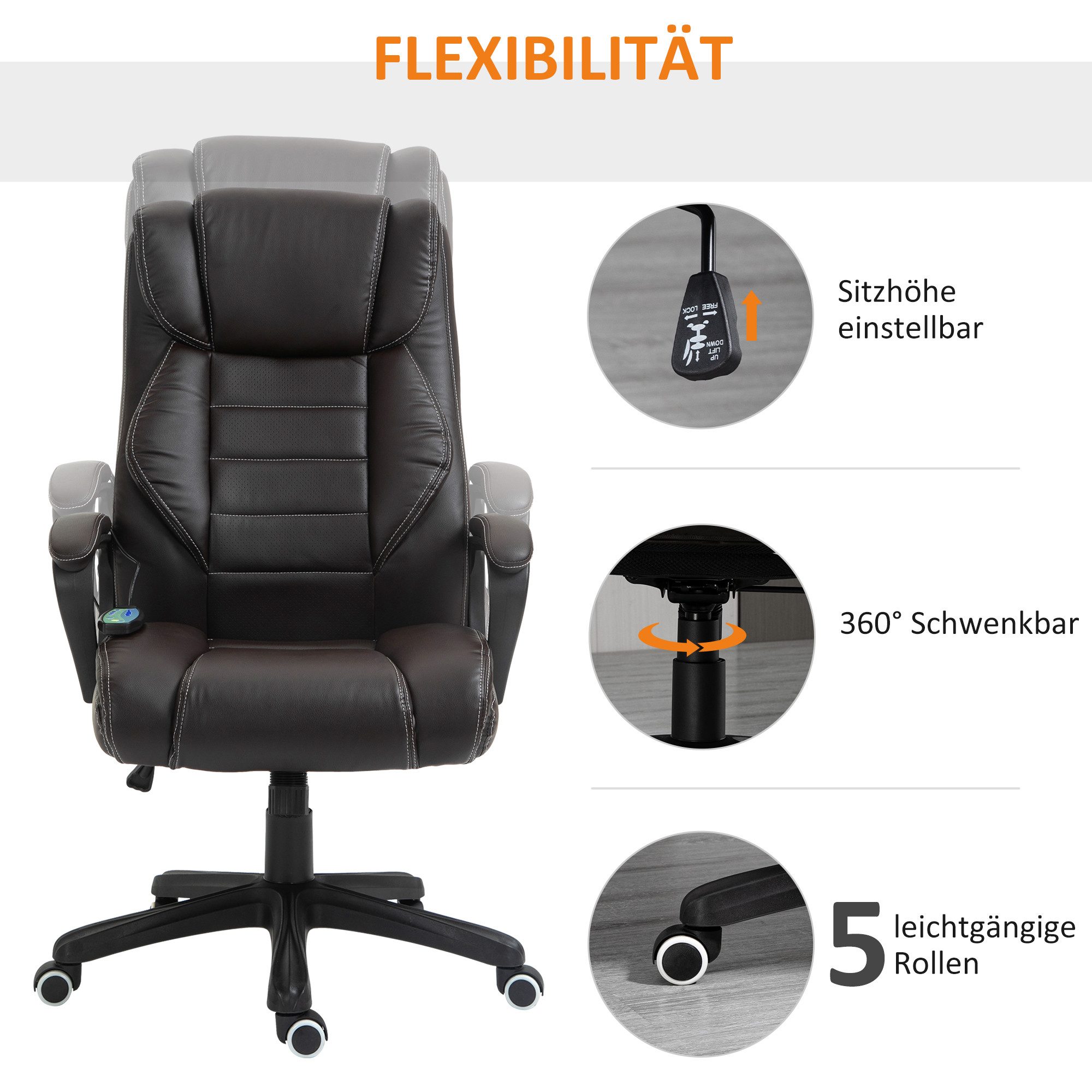 Vinsetto Schreibtischstuhl Ergonomischer Chefsessel, Wippfunktion, Drehstuhl, Braun (Bürostuhl mit Massage, 1 St), 6 Vibrationspunkte, Leinen-Gefühl, einstellba – Bild 5 von 5