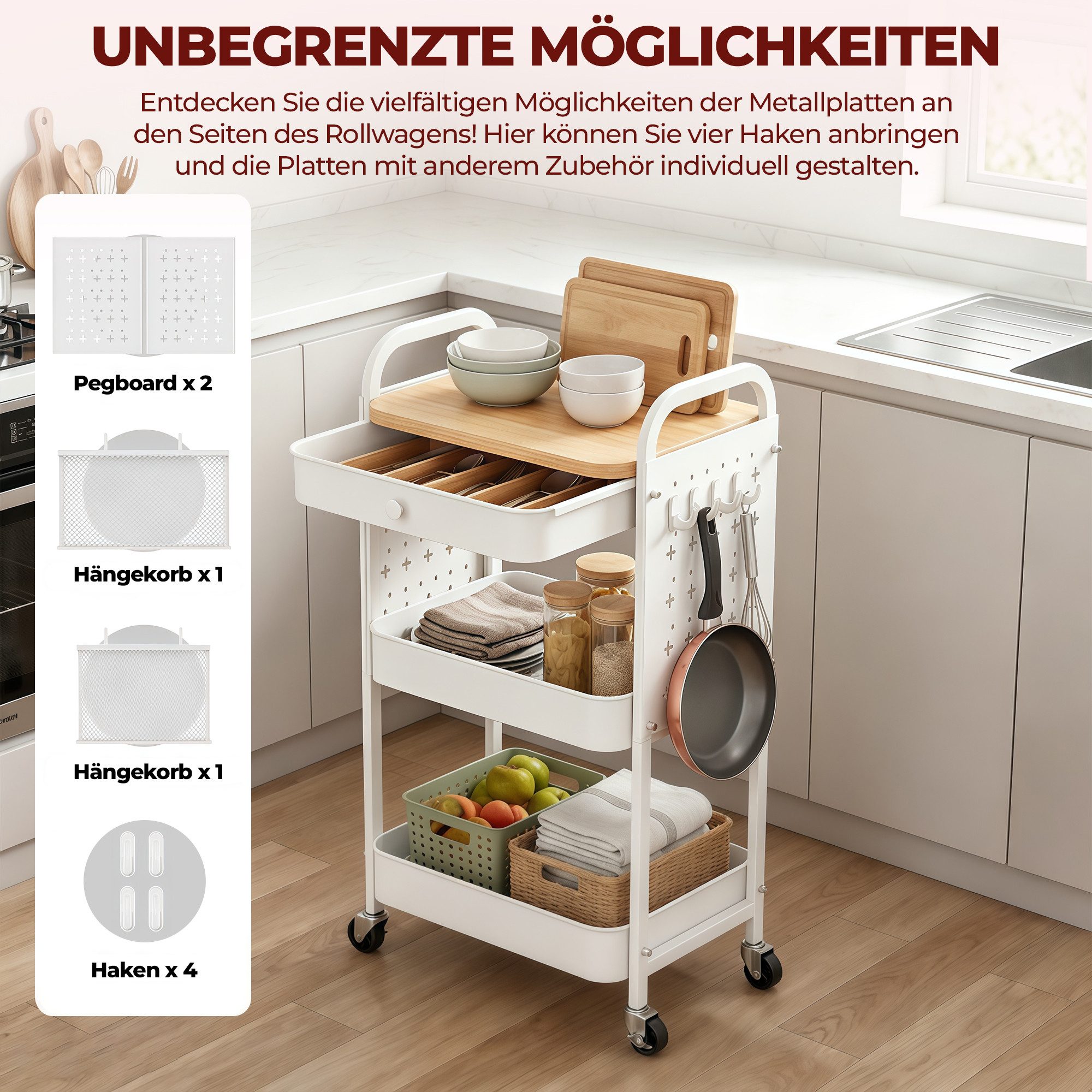 GLIESE Beistellwagen Vielseitiger Küchenwagen, Servierwagen, für Küche, Büro, Wohnzimmer, 2 Hängekörben, 4 Haken, 2 Lochplatten,1 Schublade, Bremsrollen, Griff – Bild 4 von 5