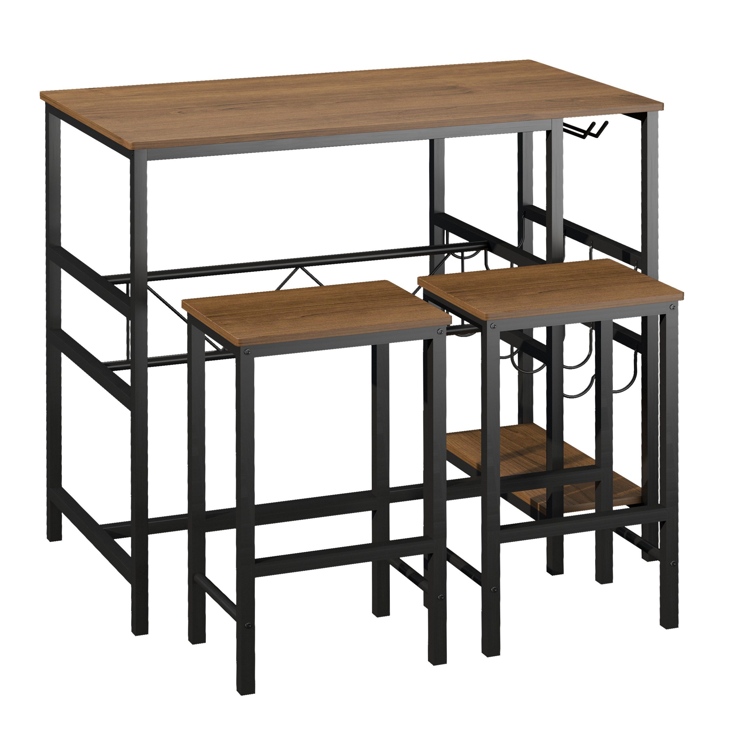HOMCOM Bargruppe Stehtisch mit 2 Barhockern, (Tischset, 3-tlg., Küchentresen mit Flaschenhalterung), Natur+Schwarz Spanplatte Stahl