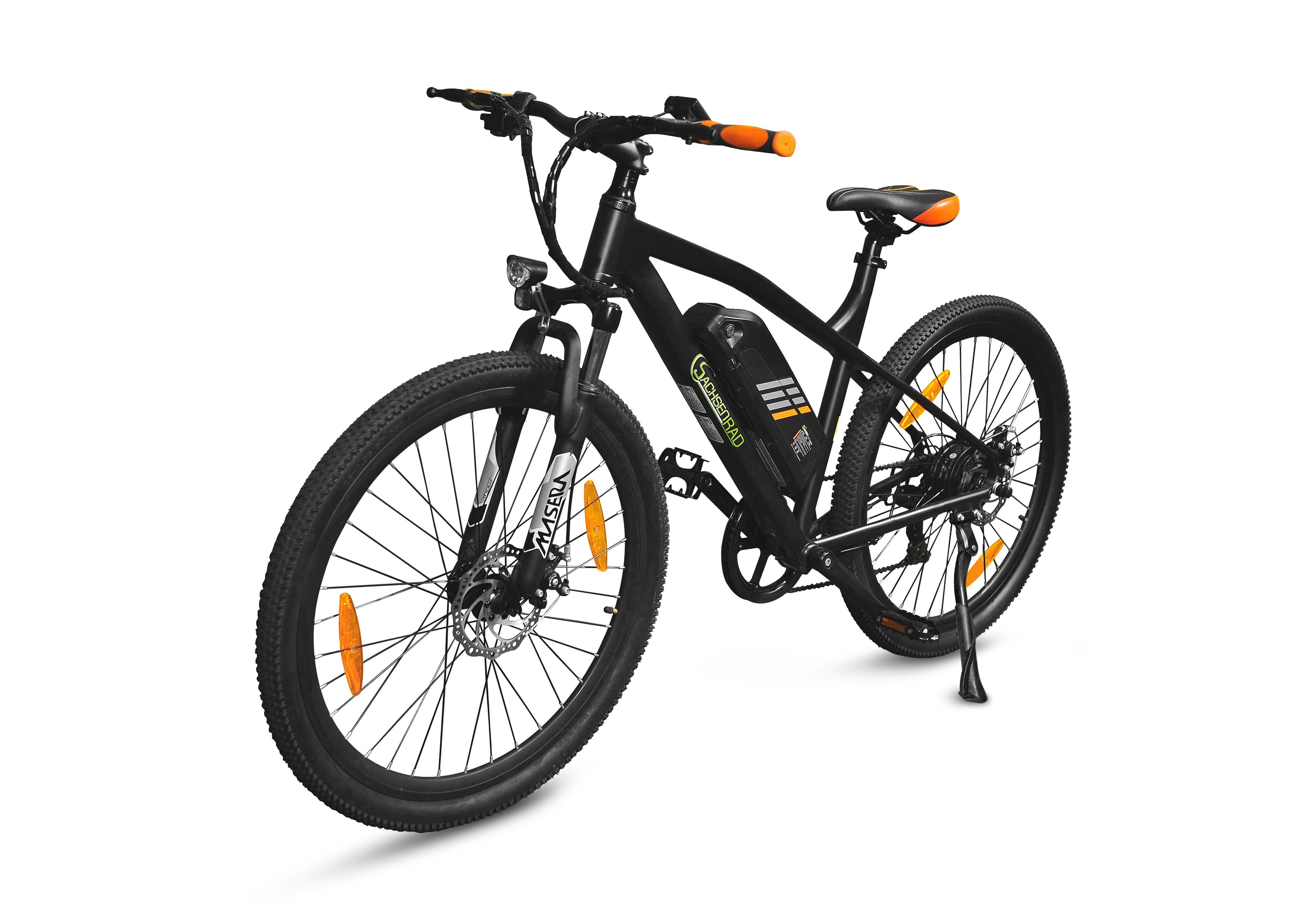 SachsenRAD E-Bike R6 Neo II Hybrid E-Bike 27,5 Zoll bis 150 KM Reichweite im ECO Modus, 7 Gang Shimano SHIMANO 7SP TOURNEY TY300 Schaltwerk, Kettenschaltung, Hinterradmotor, 500 Wh Akku, (1 Stück), der Akku ist leicht entnehmbar und abschließbar