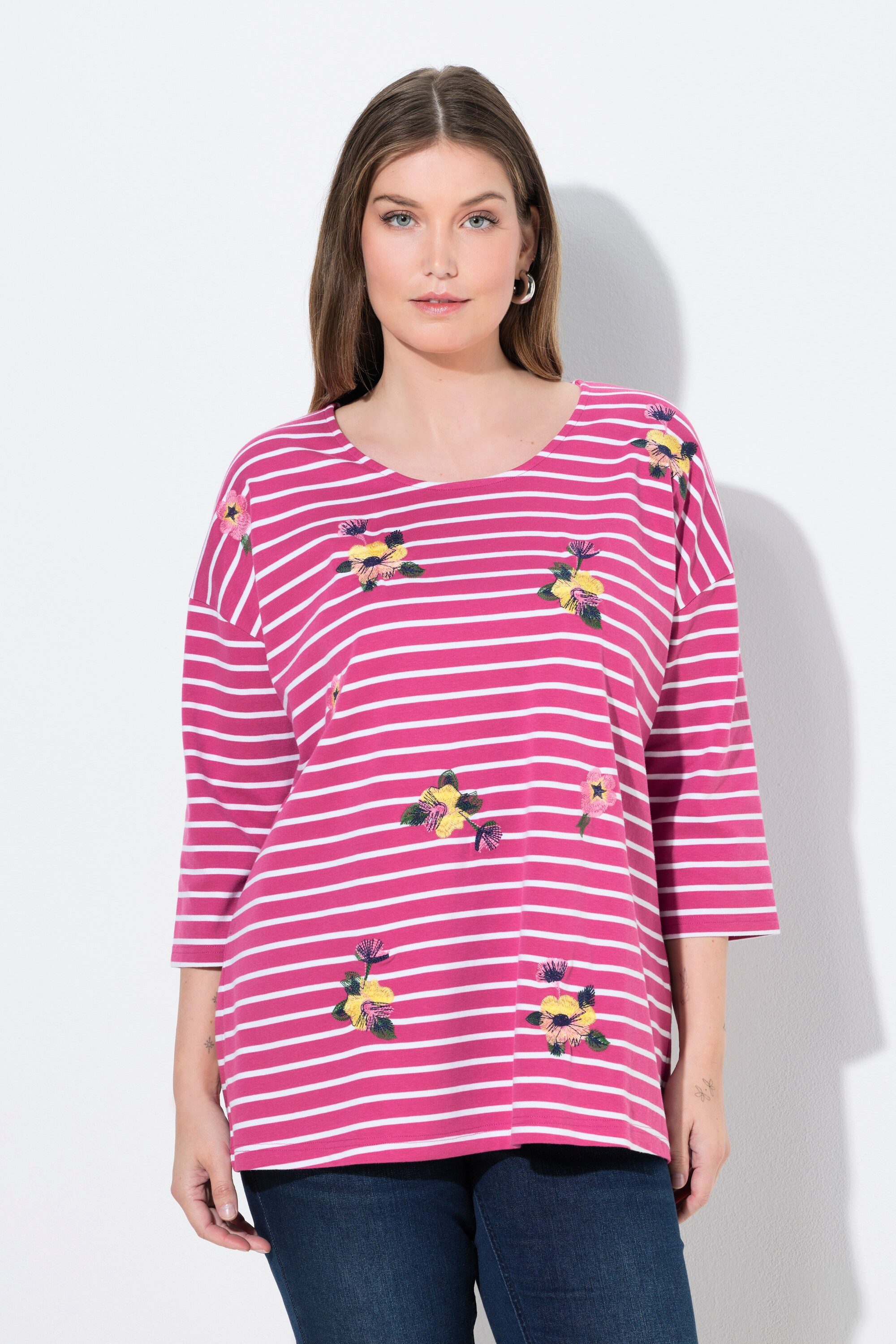 T-Shirt Ringelshirt Stickerei Oversized Rundhals 3/4-Arm