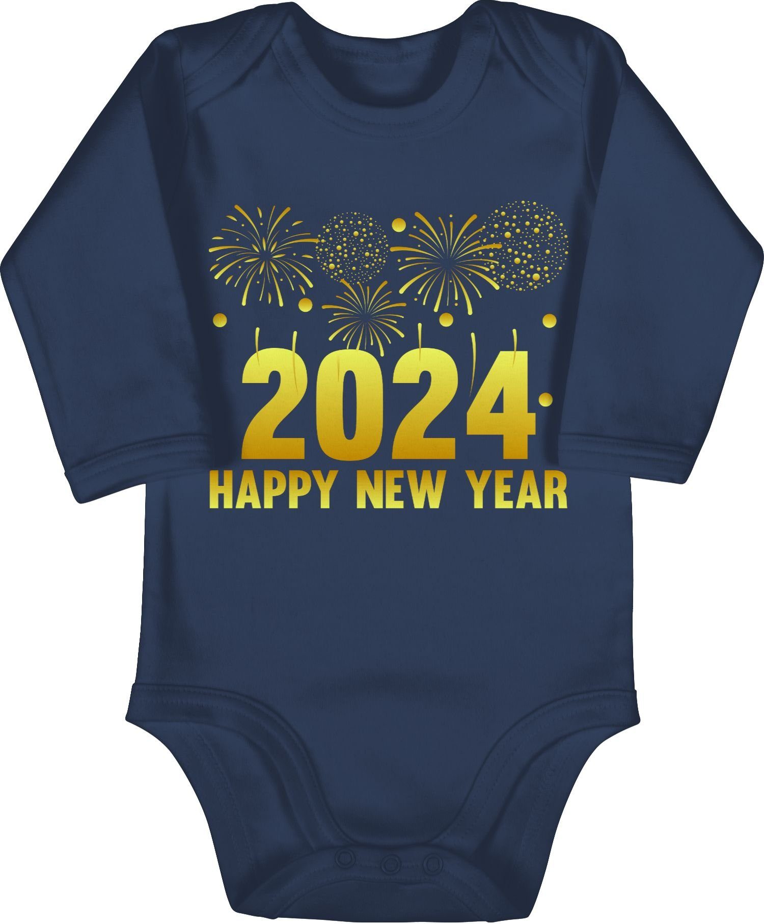 Shirtracer Shirtbody 2024 Happy New Year Feuerwerk gold Silvester Baby 3 Navy Blau