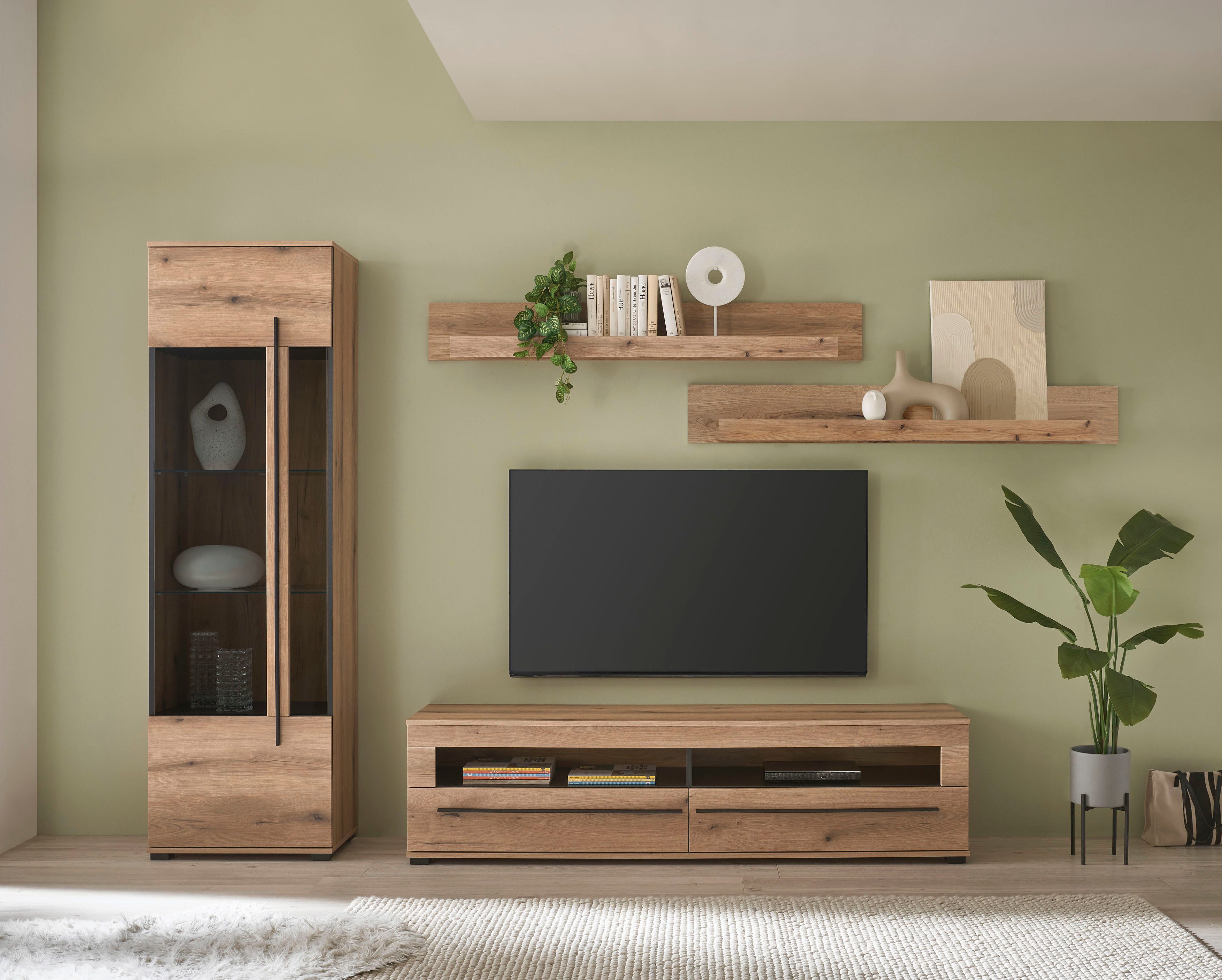 Home affaire Wohnwand Cantara, Anbauwand, Wohnzimmer-Set, in Eiche Evoke, Weiß oder Kaschmir, (Set), enthält eine Vitrine, ein Lowboard und zwei Wandboards